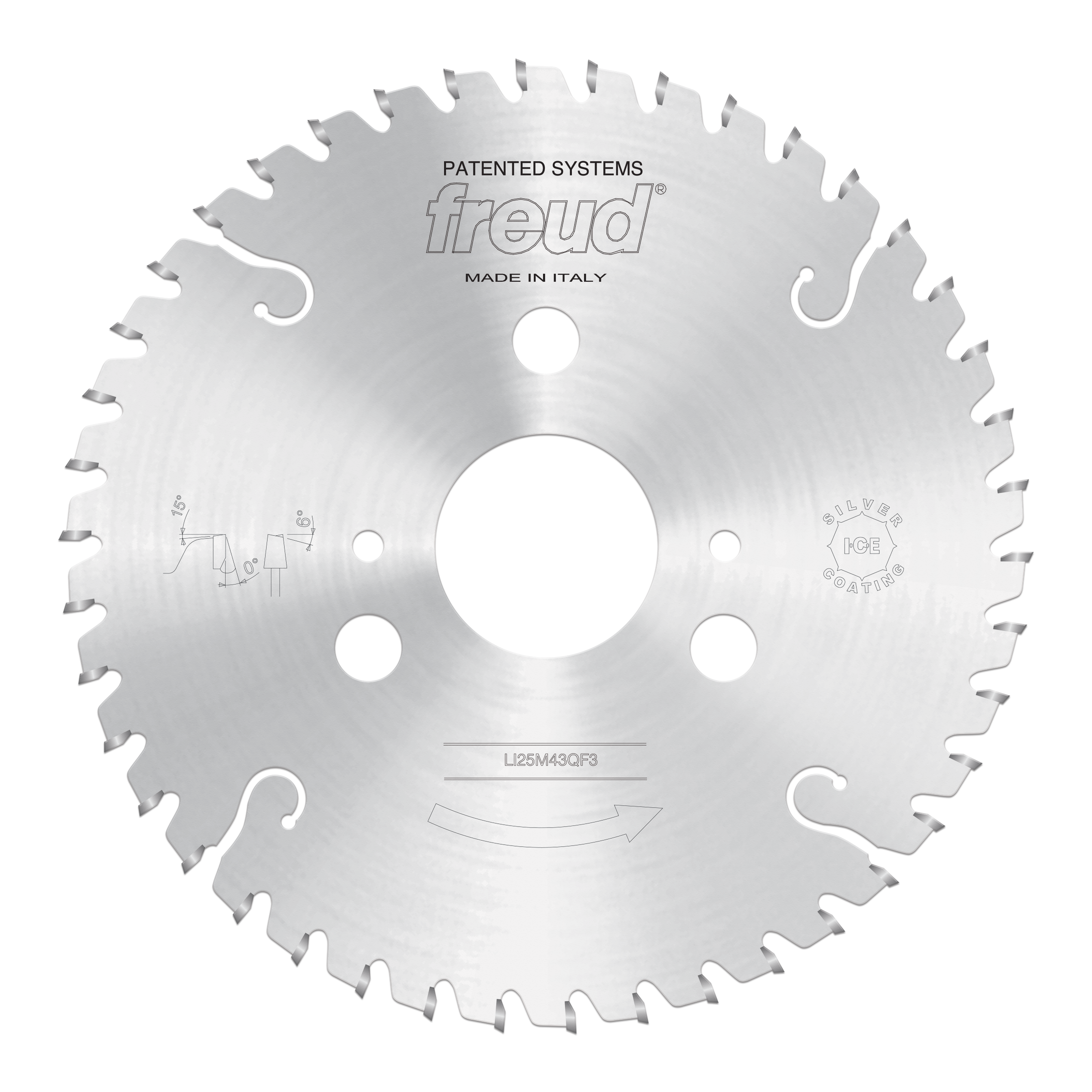 Freud 215mm conical scoring saw blade with multiple mounting holes and angled cutting teeth around the perimeter.