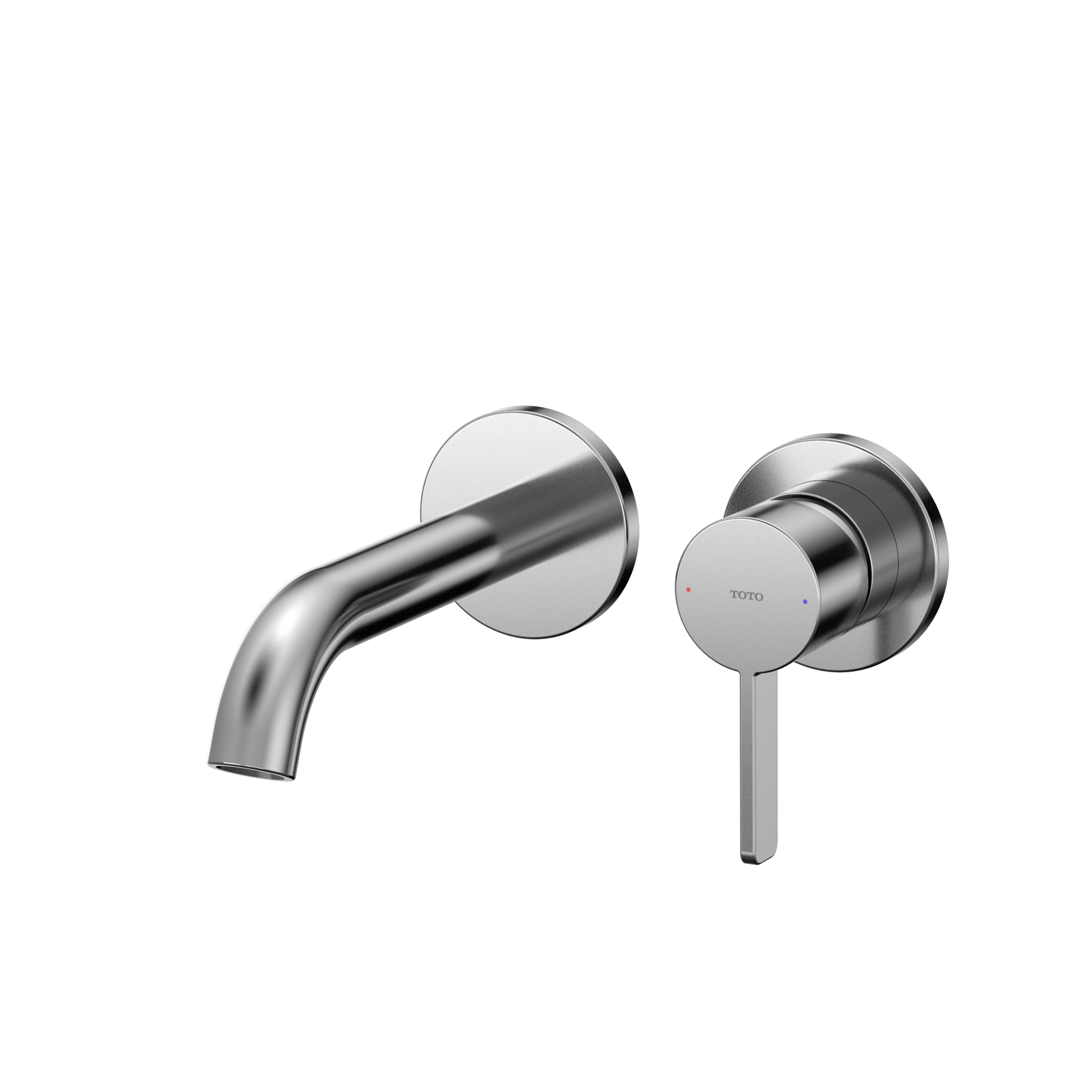 Polished chrome wall-mount bathroom faucet with curved spout and single-handle control lever.
