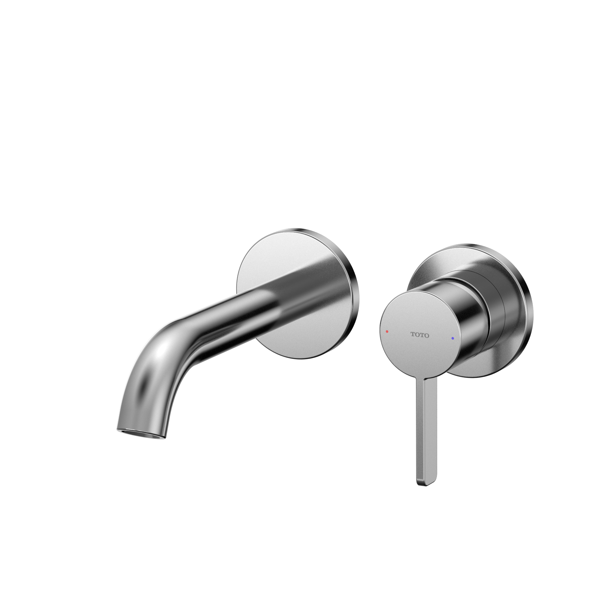 Polished chrome wall-mount bathroom faucet with curved spout and single-handle control lever.