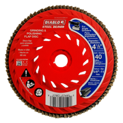 Red Steel Demon flap disc with abrasive grit edges around circumference, white center hole, and blue specification label on s