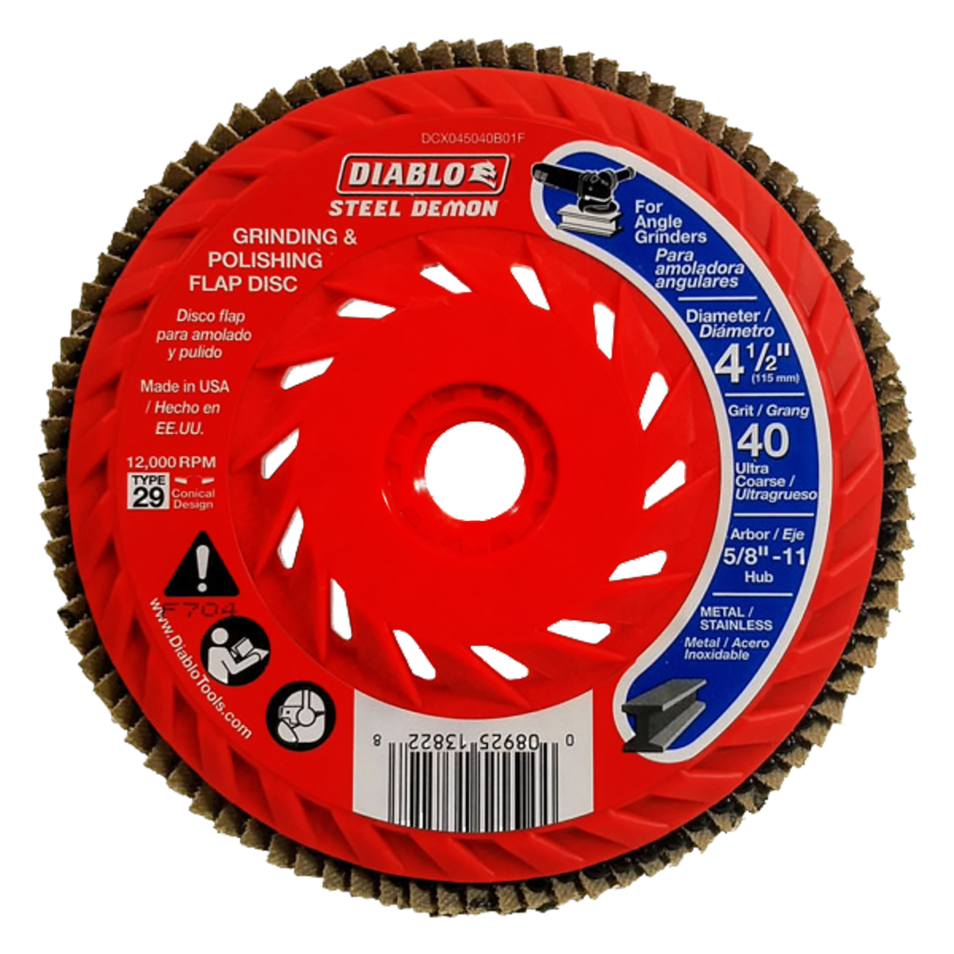 Red Steel Demon flap disc with abrasive grit edges around circumference, white center hole, and blue specification label on s