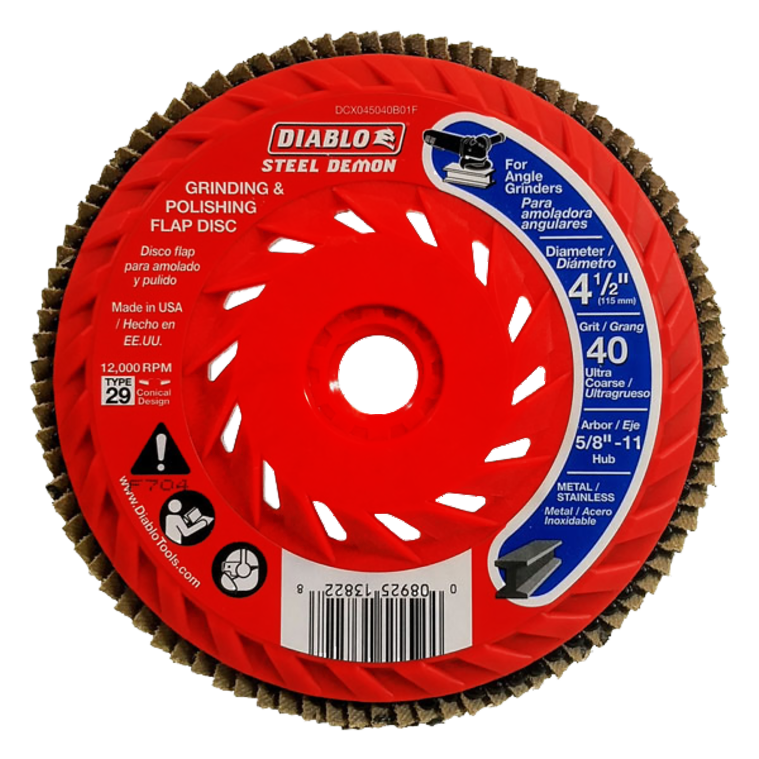Red Steel Demon flap disc with abrasive grit edges around circumference, white center hole, and blue specification label on s