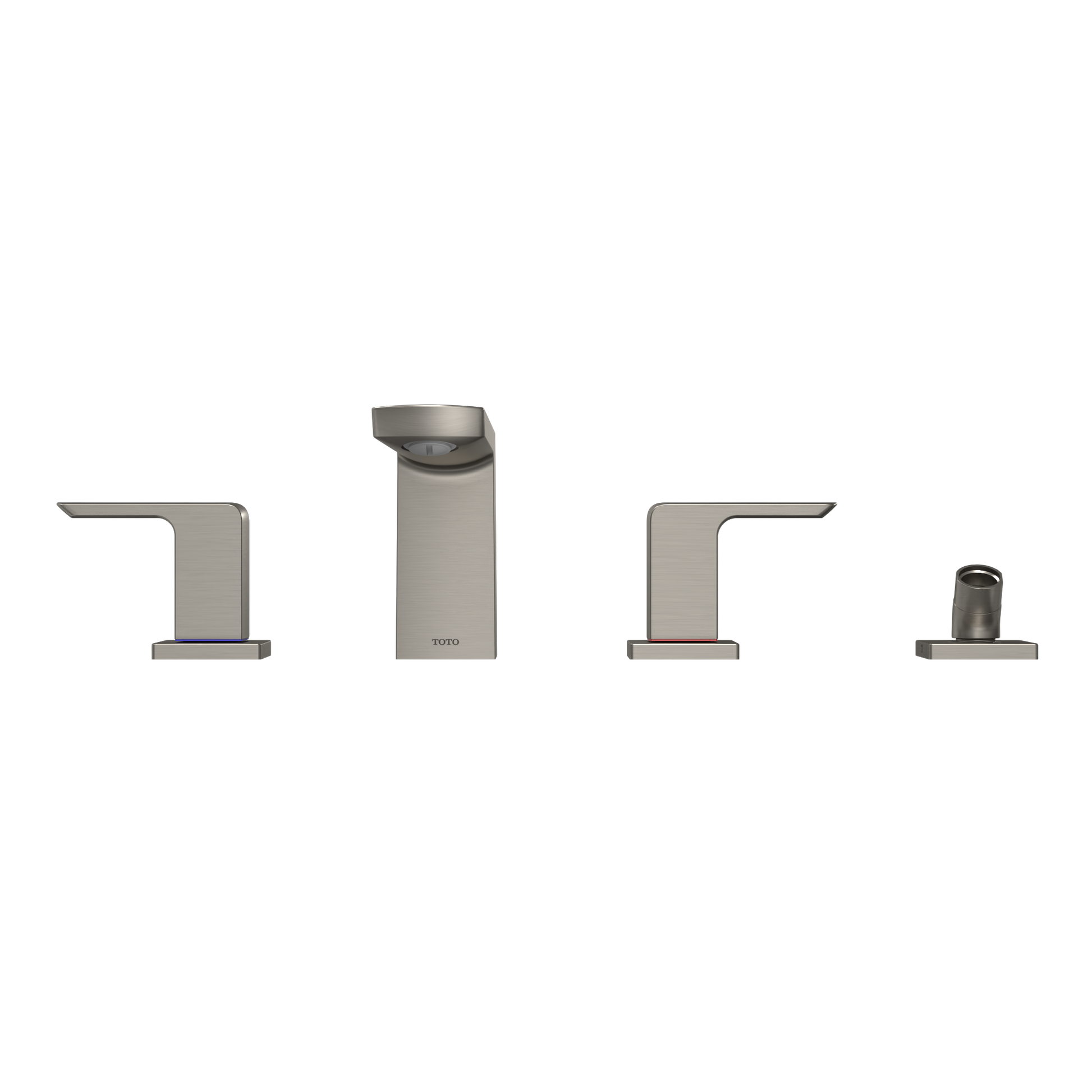 Brushed nickel two-handle roman tub filler with tall spout, handshower, and matching trim pieces displayed separately.