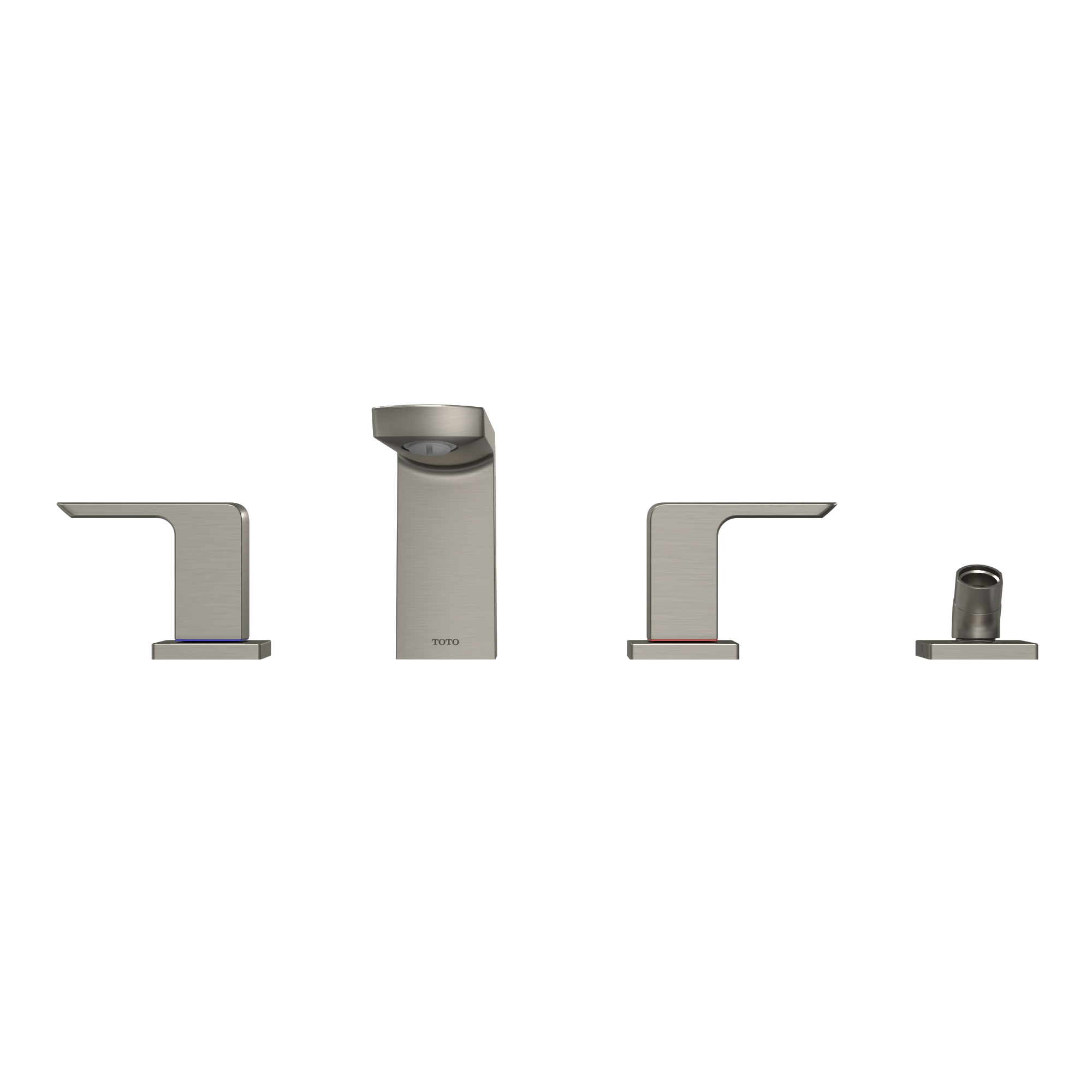 Brushed nickel two-handle roman tub filler with tall spout, handshower, and matching trim pieces displayed separately.