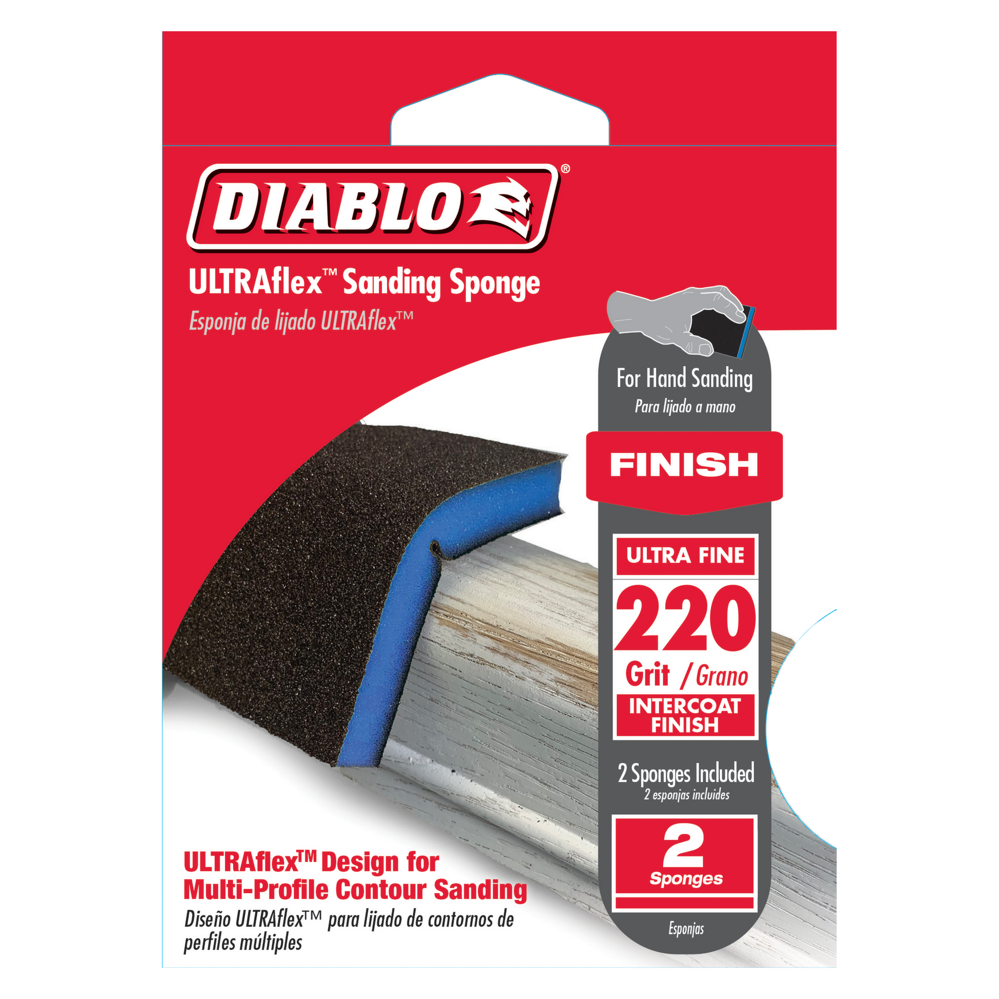 Two Diablo ULTRAflex 220-grit sanding sponges with black abrasive surface and blue foam backing for hand sanding.
