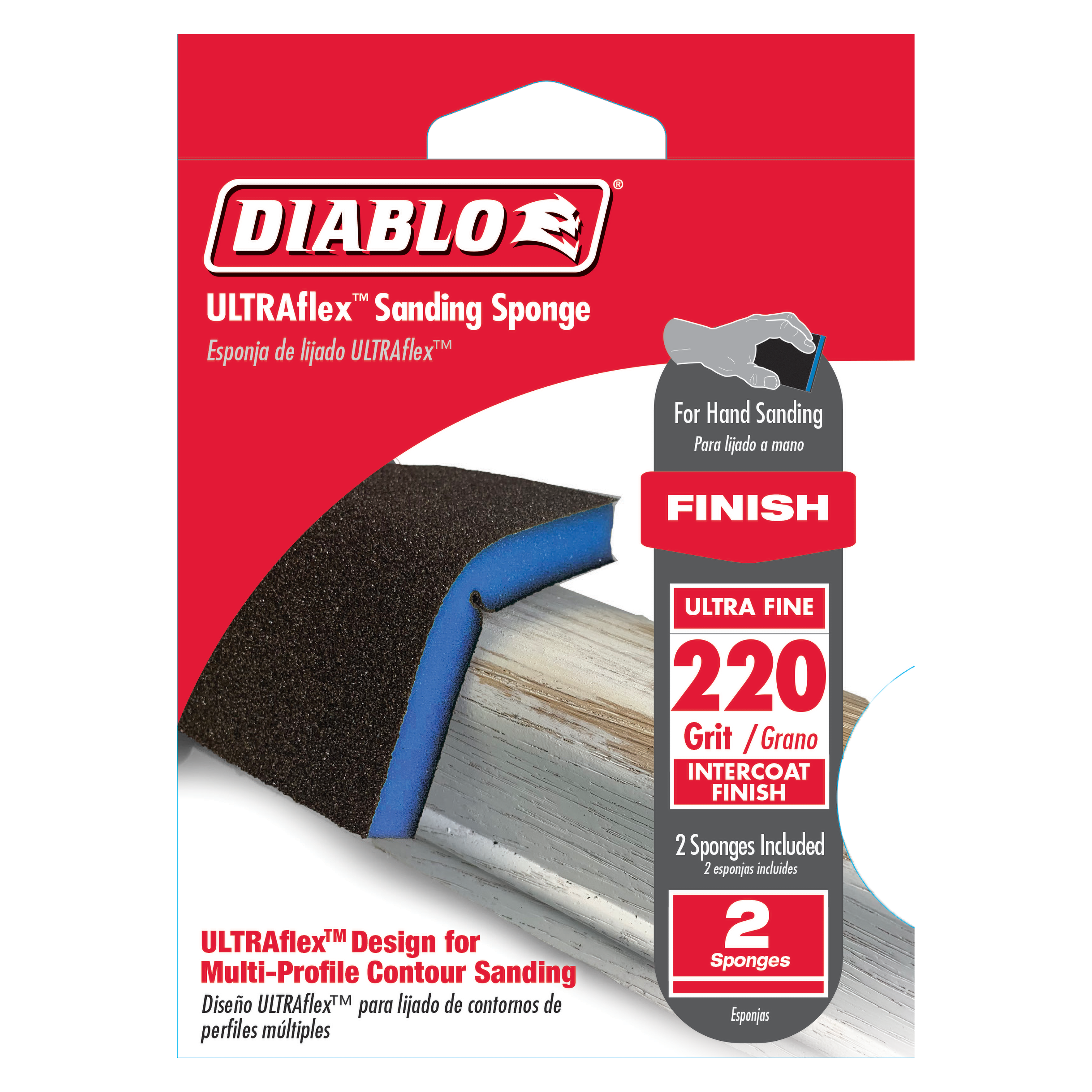 Two Diablo ULTRAflex 220-grit sanding sponges with black abrasive surface and blue foam backing for hand sanding.