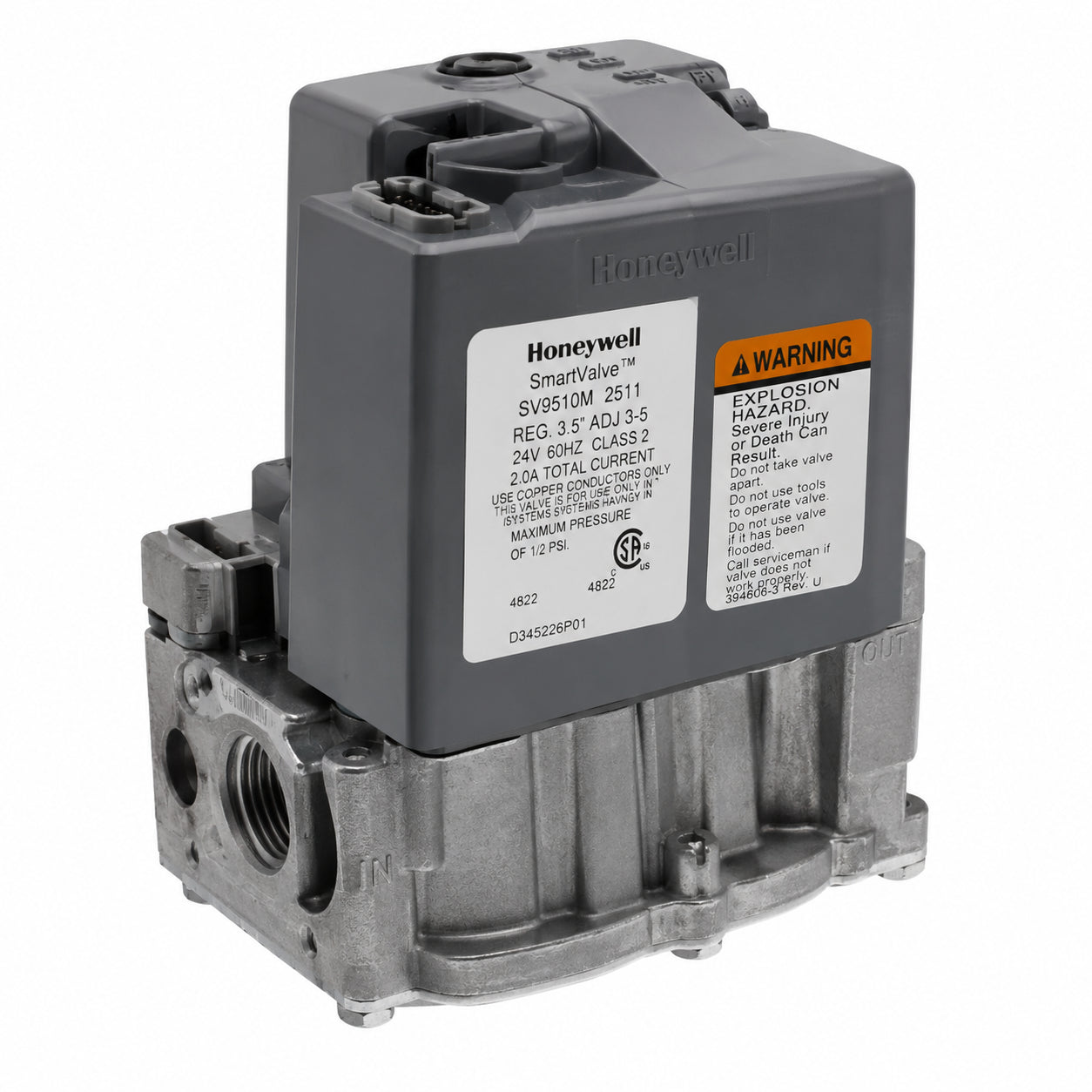 Honeywell SV9510M SmartValve control with gray plastic housing and metal valve body, featuring warning label and connection p