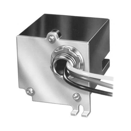 Metal fan relay with two wires extending from threaded terminal connection on front face.