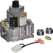 Honeywell gas valve with black solenoid coil, threaded ports, wiring connector, and brass fittings displayed separately.
