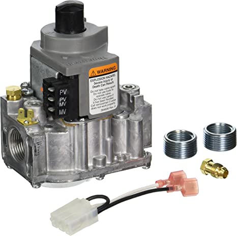 Honeywell gas valve with black solenoid coil, threaded ports, wiring connector, and brass fittings displayed separately.