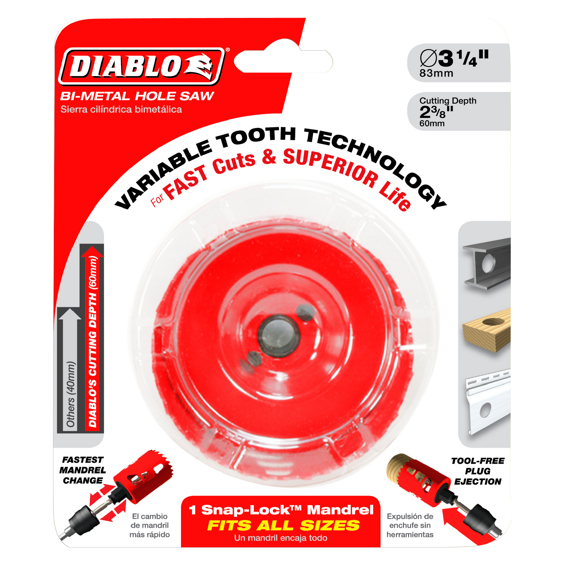 Diablo DHS3125 3-1/8 inch bi-metal hole saw with red cutting head and Snap-Lock mandrel on retail packaging.