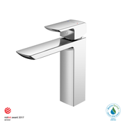Polished chrome single-handle bathroom sink faucet with curved spout and rectangular base in white and gray finish.