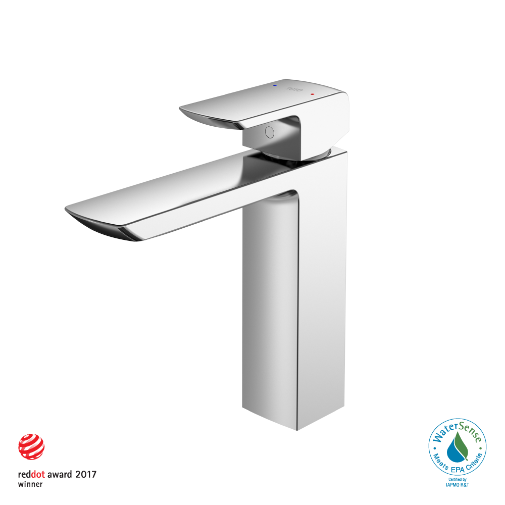 Polished chrome single-handle bathroom sink faucet with curved spout and rectangular base in white and gray finish.