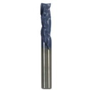 Dark blue and silver router bit with fluted cutting edges and cylindrical shank.
