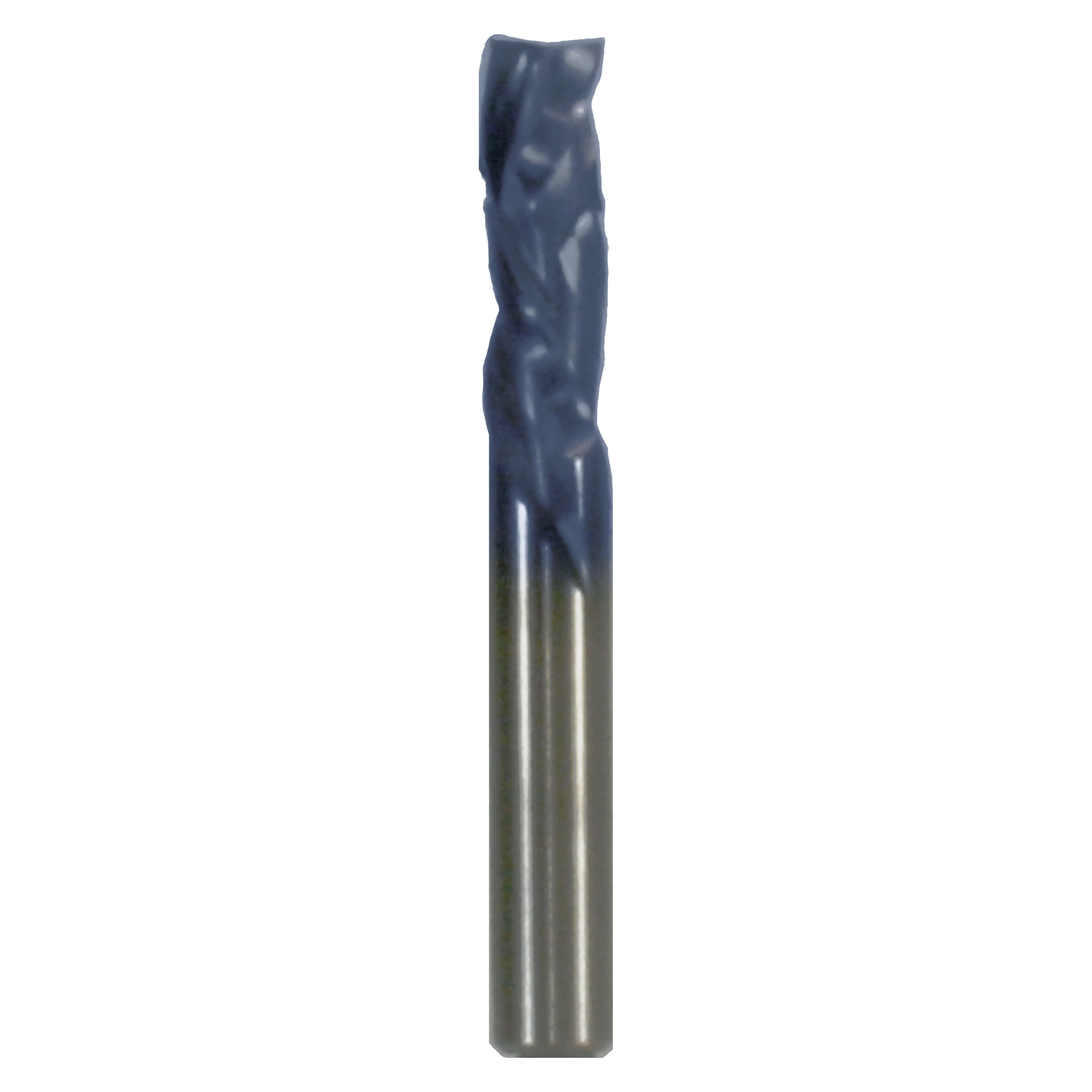 Dark blue and silver router bit with fluted cutting edges and cylindrical shank.