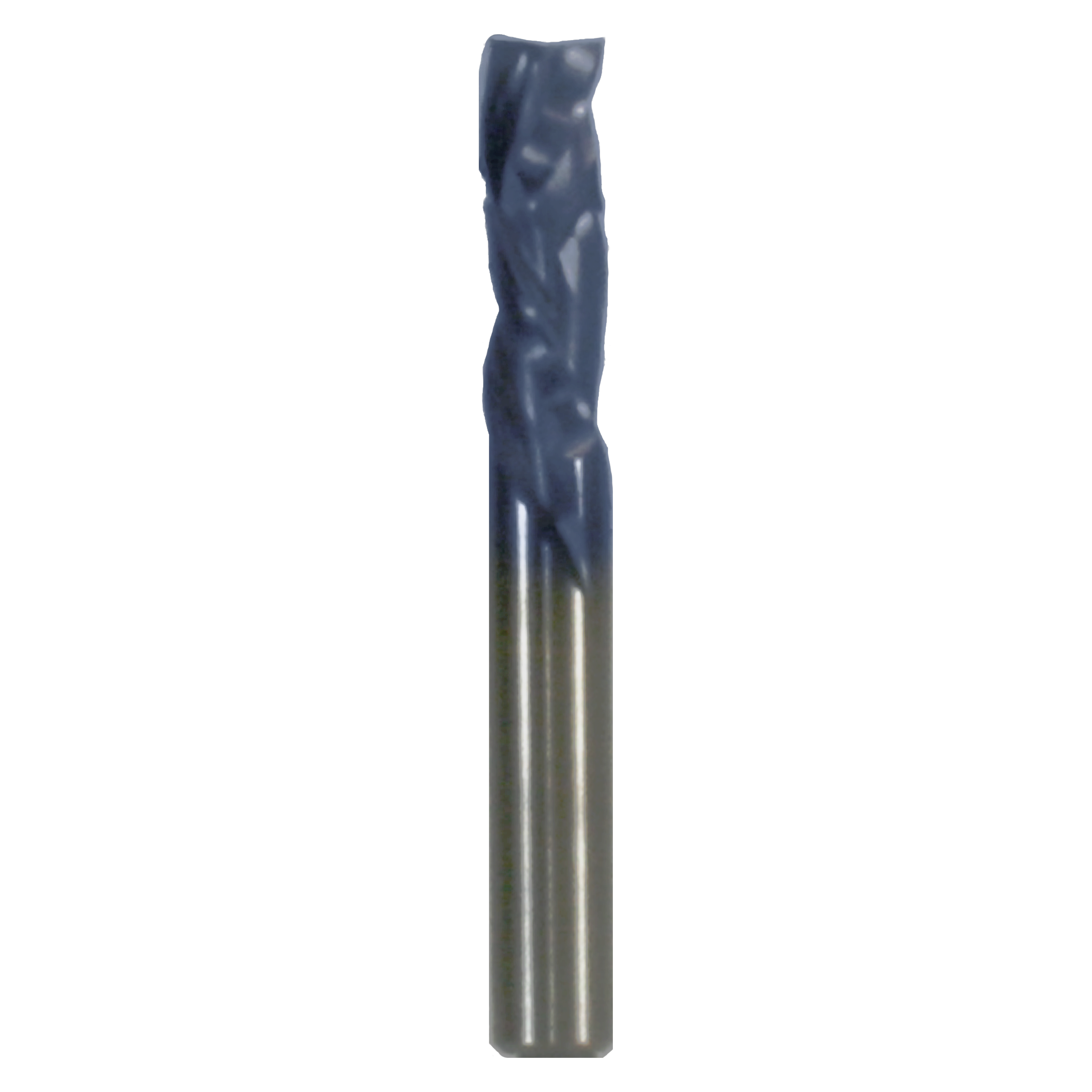 Dark blue and silver router bit with fluted cutting edges and cylindrical shank.