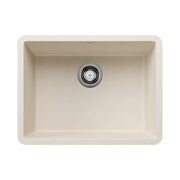 Soft white single bowl kitchen sink with rounded corners and chrome drain fixture, viewed from above.
