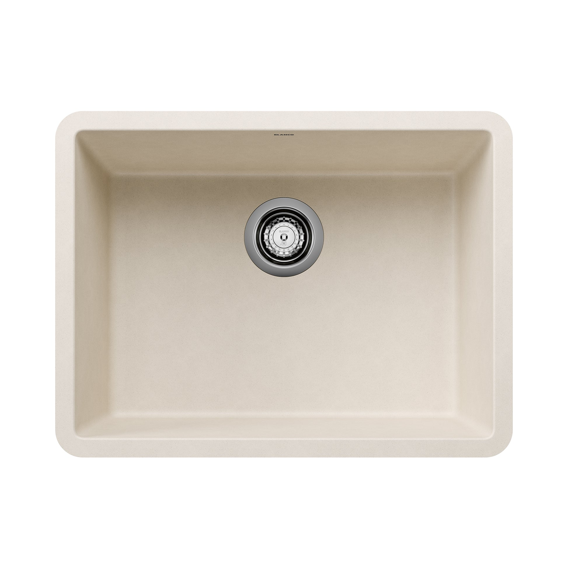 Soft white single bowl kitchen sink with rounded corners and chrome drain fixture, viewed from above.