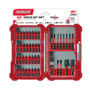 Diablo 45-piece drive bit set in red case containing Phillips, square, Torx, and nut driver bits with extensions and magnetic
