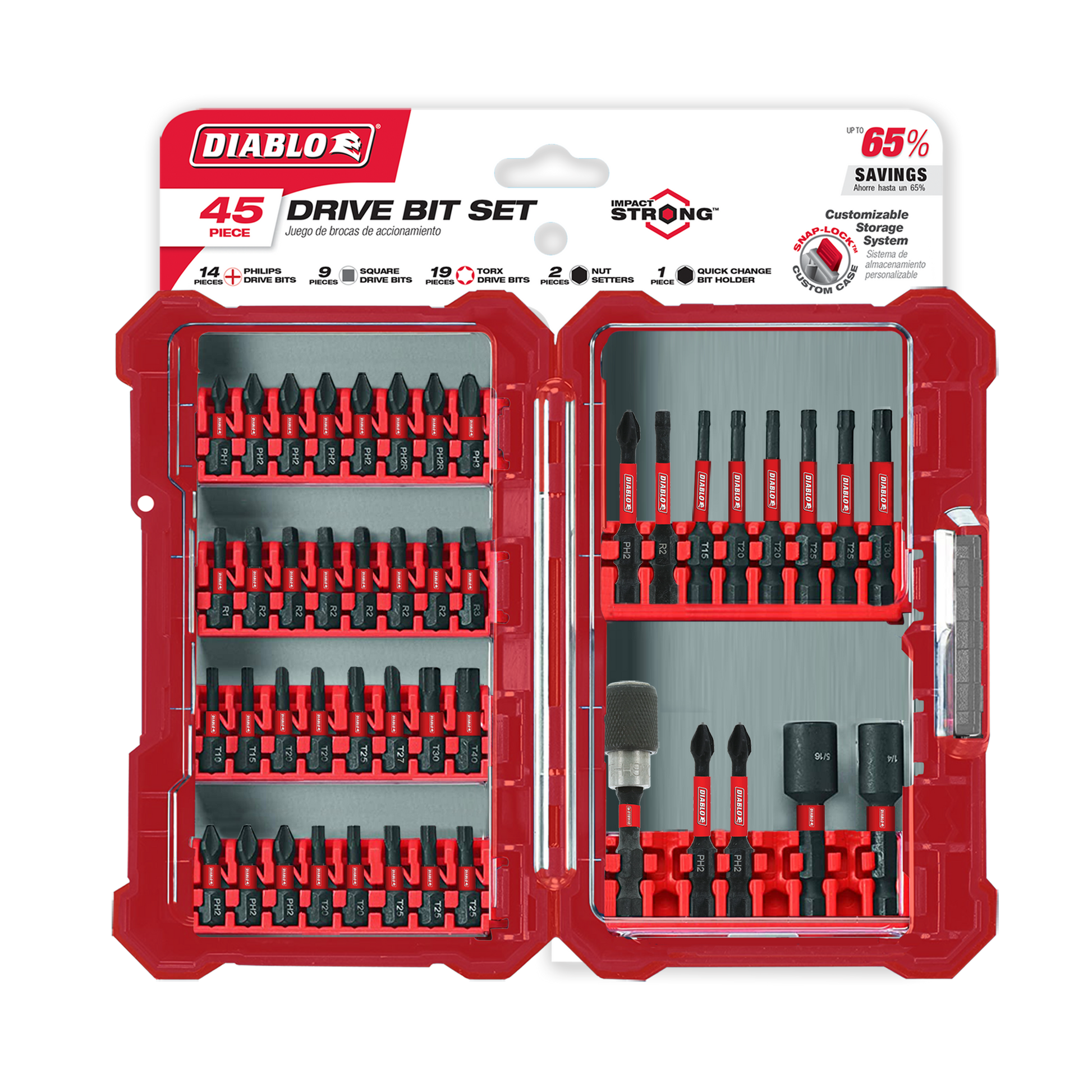Diablo 45-piece drive bit set in red case containing Phillips, square, Torx, and nut driver bits with extensions and magnetic