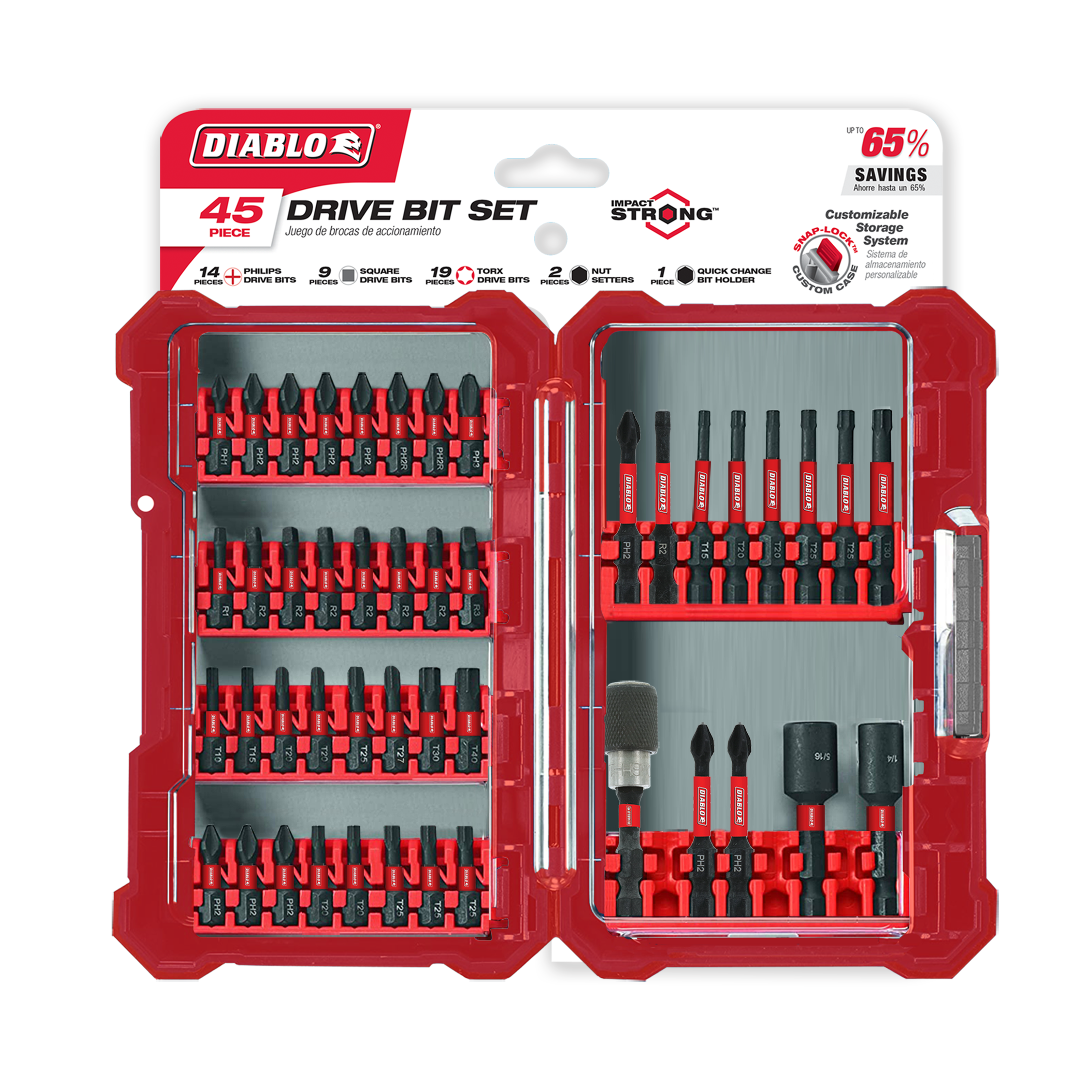 Diablo 45-piece drive bit set in red case containing Phillips, square, Torx, and nut driver bits with extensions and magnetic