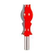 Red and gray router bit with decorative crown molding profile and metal shank.