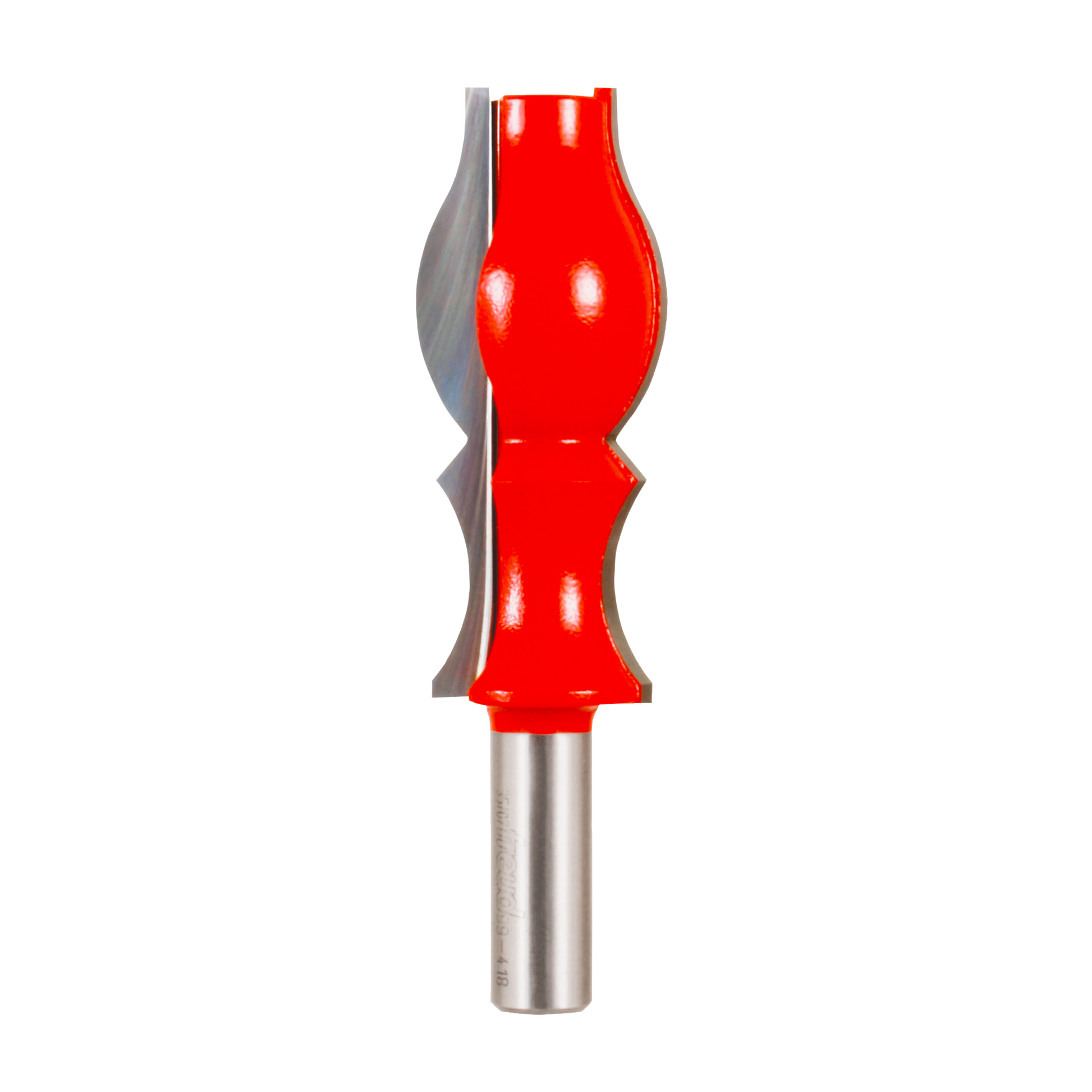 Red and gray router bit with decorative crown molding profile and metal shank.