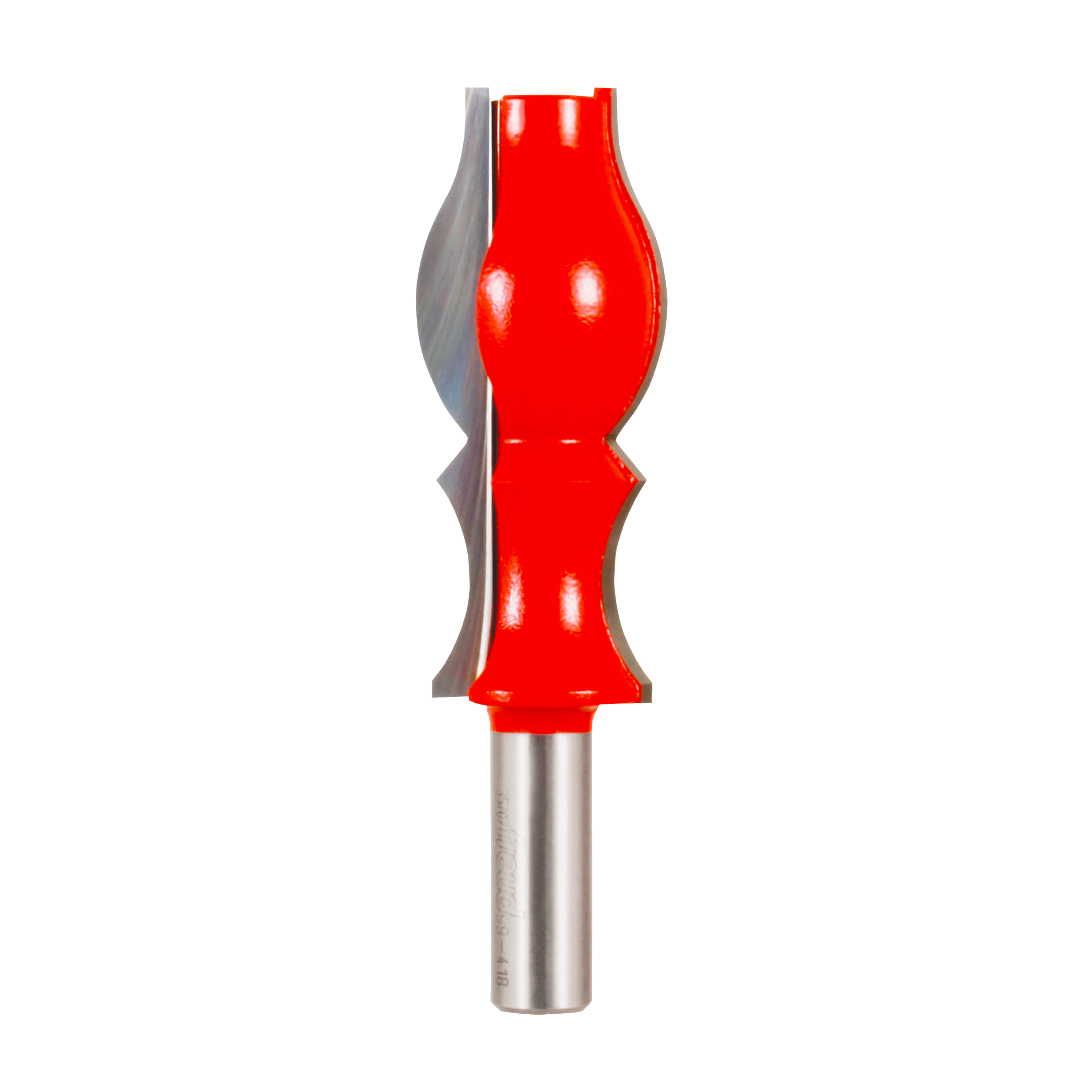 Red and gray router bit with decorative crown molding profile and metal shank.
