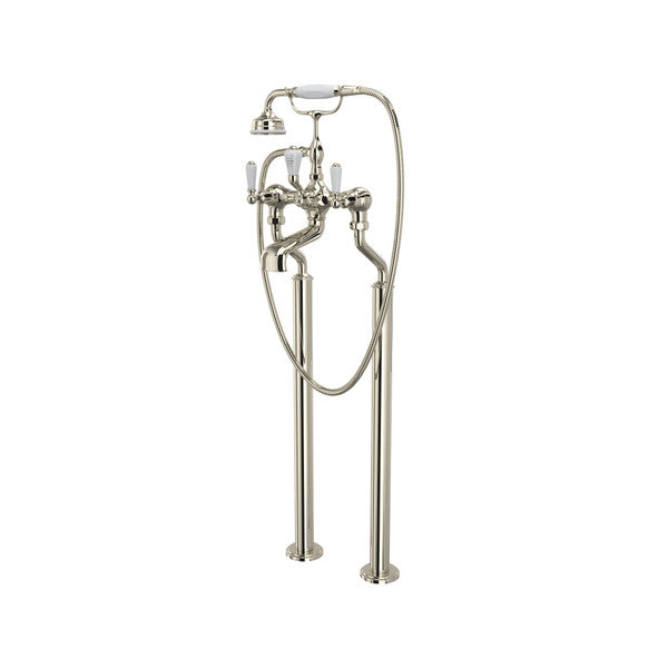 Polished nickel floor-mount tub filler with curved spout, hand shower, and dual lever handles.