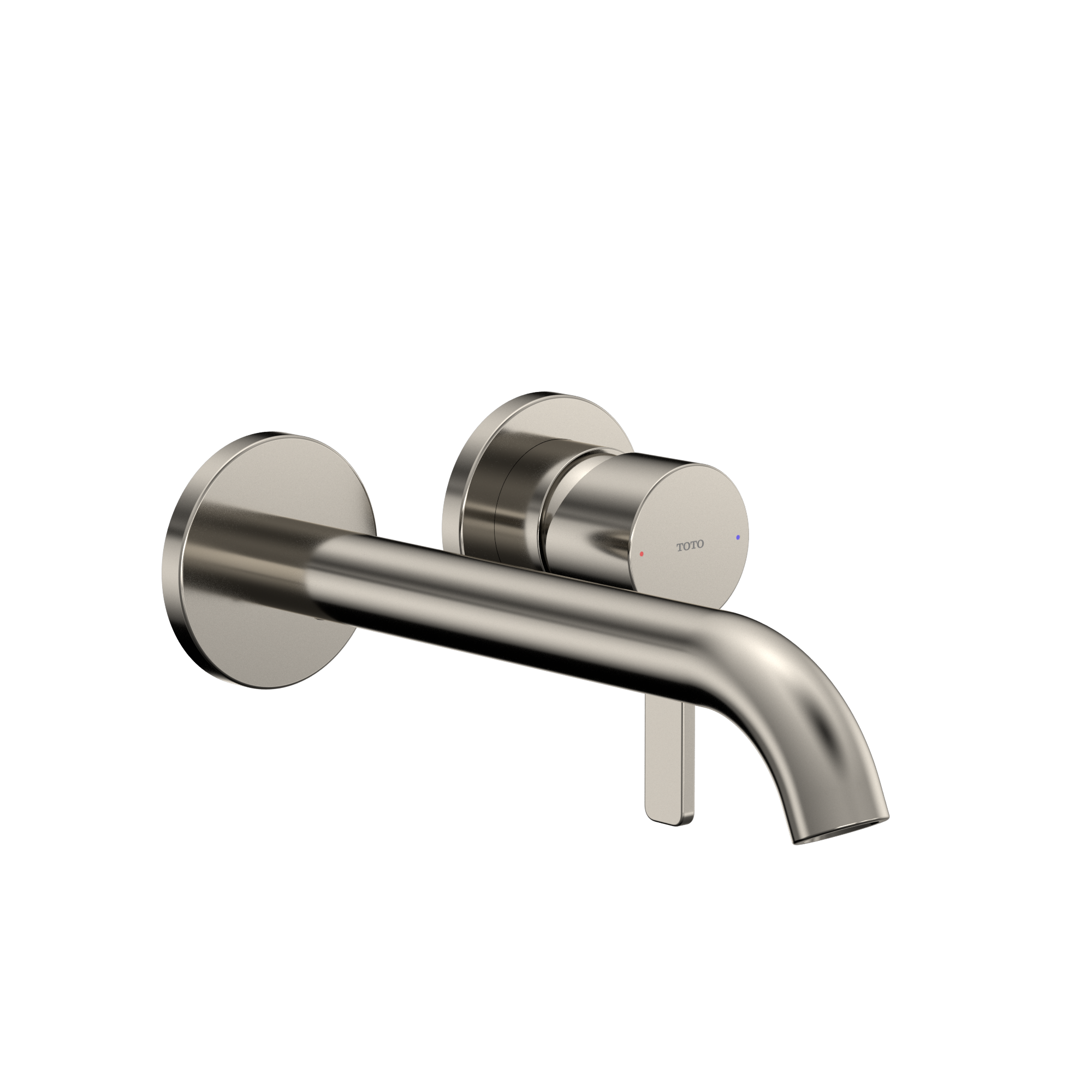 Polished nickel wall-mount bathroom faucet with single handle lever and curved spout.