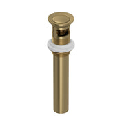 Antique gold push drain assembly with overflow feature and white rubber gasket for bathroom lavatory sink.