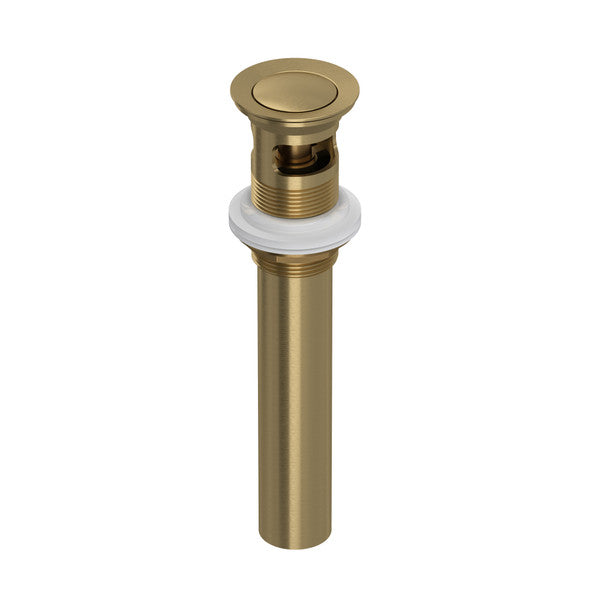 Antique gold push drain assembly with overflow feature and white rubber gasket for bathroom lavatory sink.