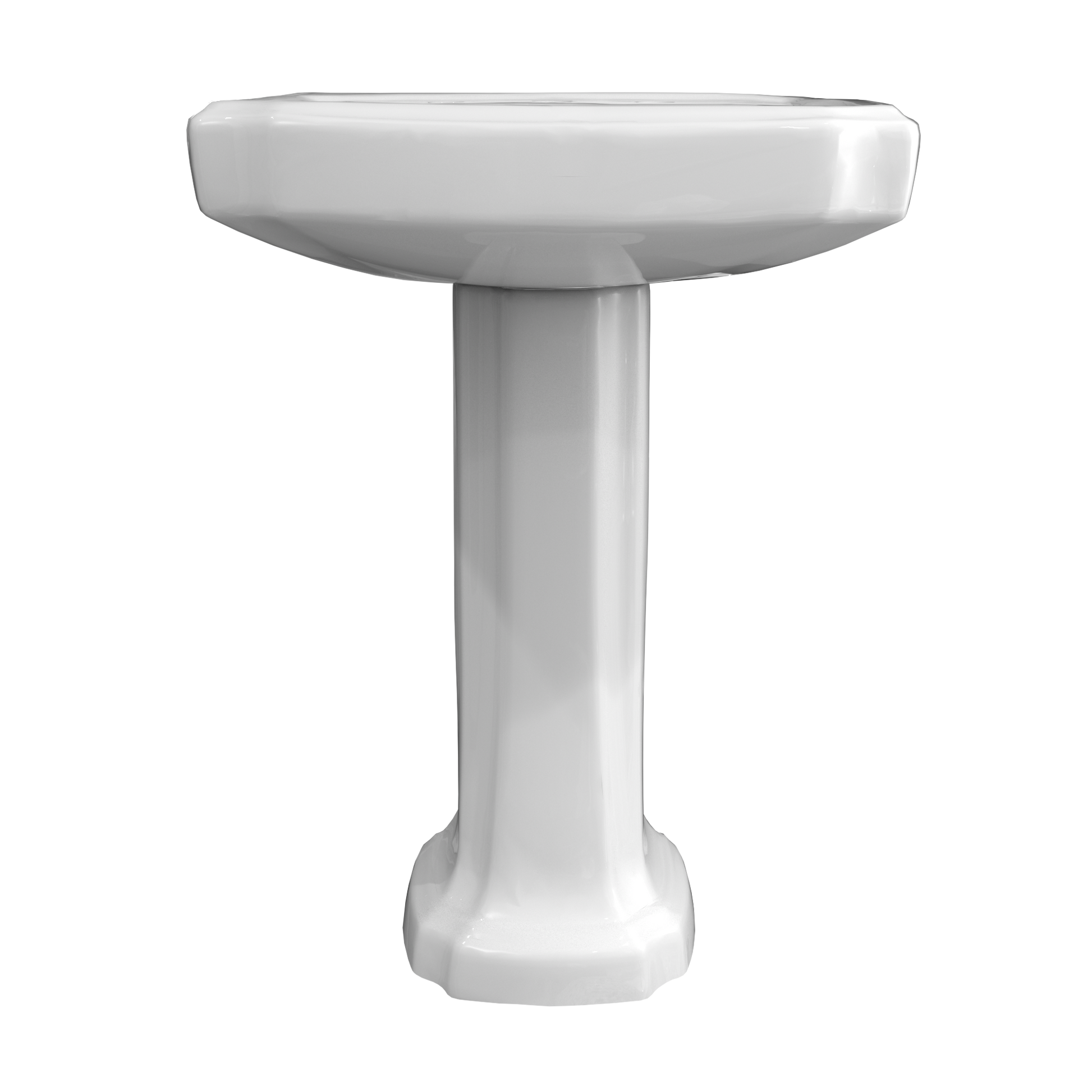 White ceramic pedestal sink with rectangular basin and cylindrical support column.