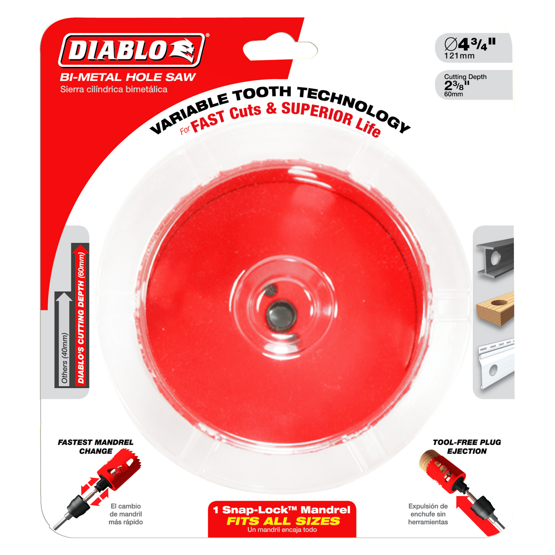 Diablo red bi-metal hole saw with 4-3/4 inch diameter and variable tooth technology on retail packaging.