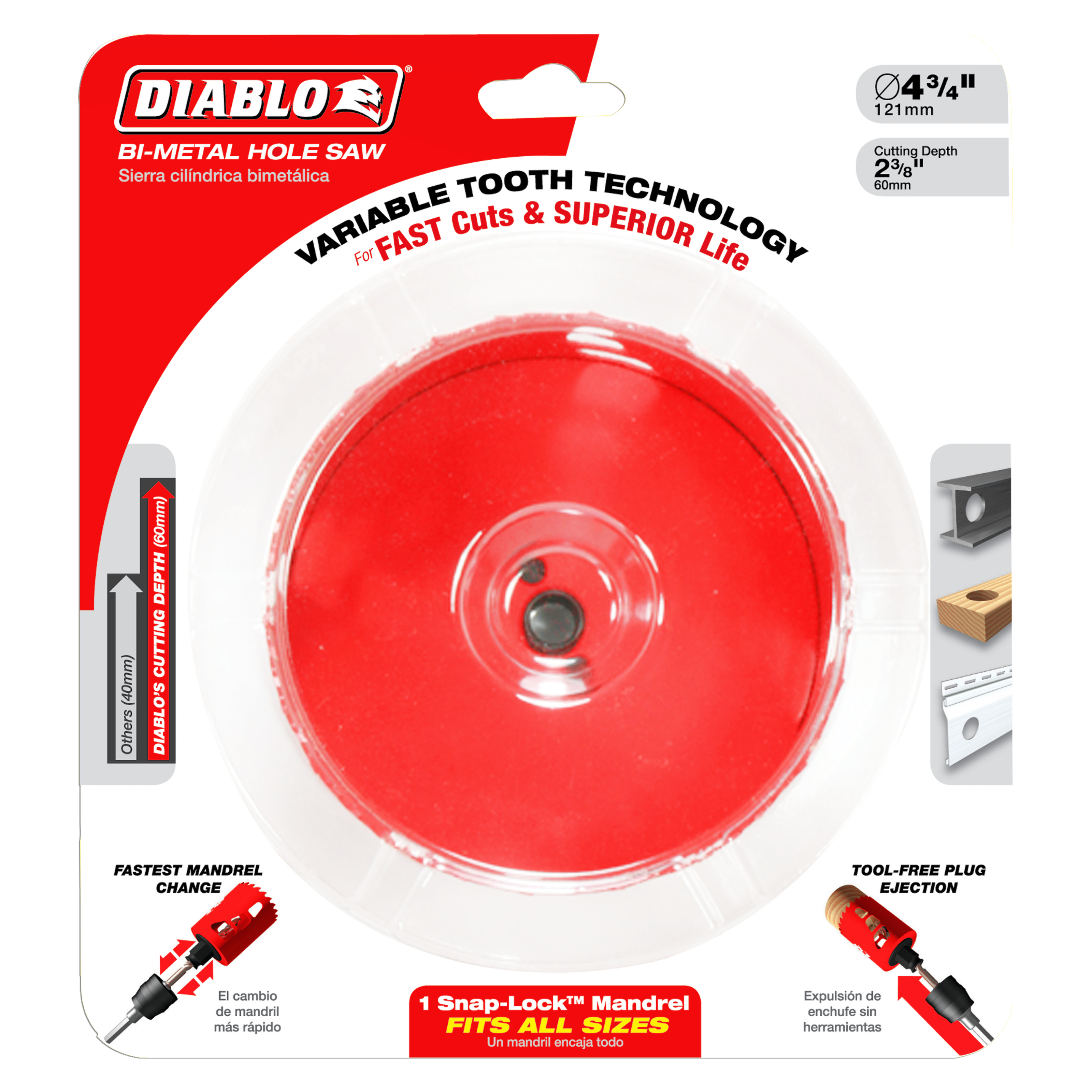 Diablo red bi-metal hole saw with 4-3/4 inch diameter and variable tooth technology on retail packaging.