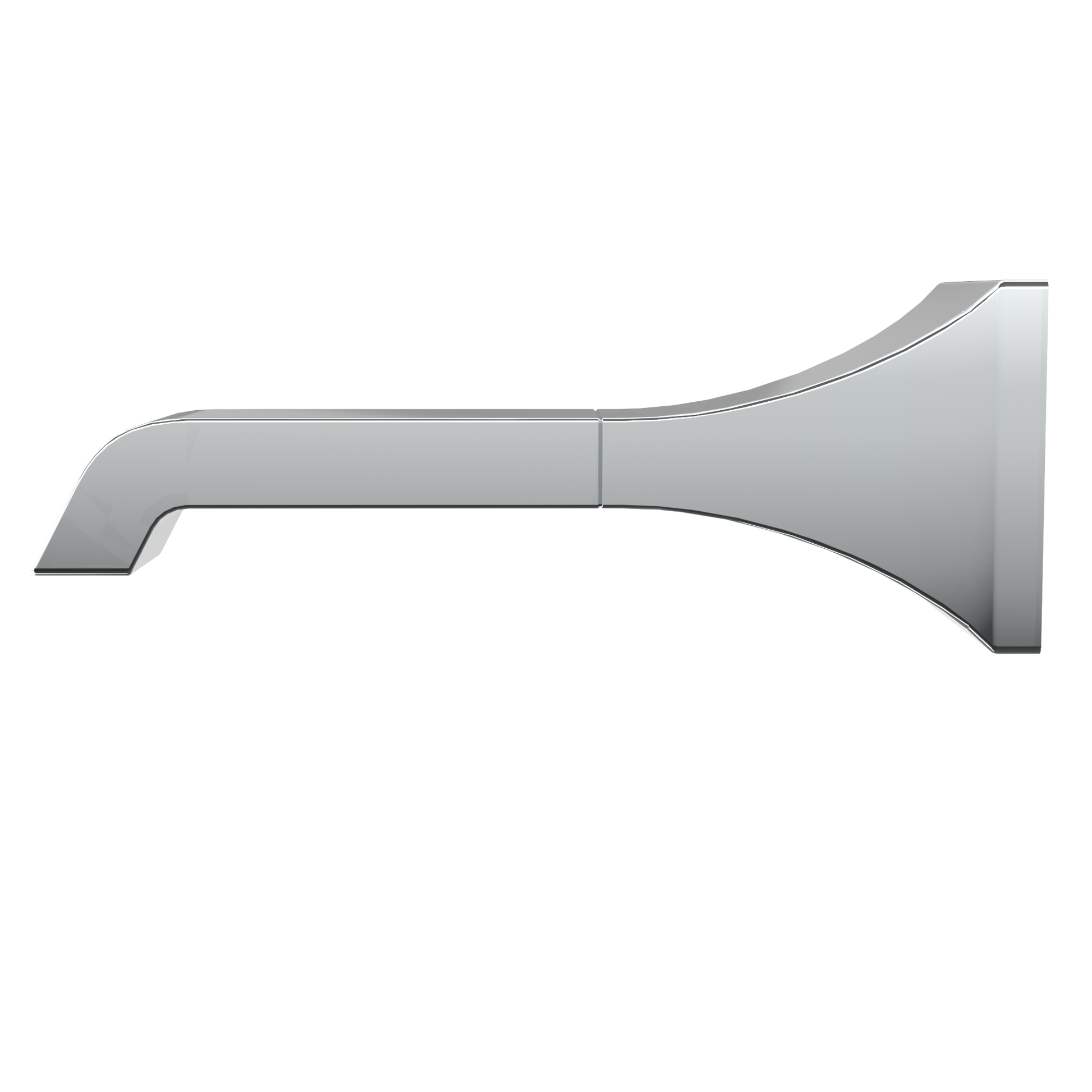 Polished chrome wall-mounted tub spout with curved design and angled water outlet.