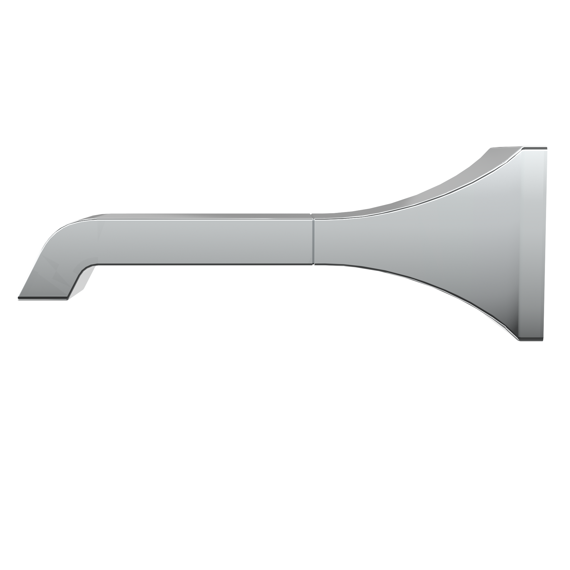 Polished chrome wall-mounted tub spout with curved design and angled water outlet.