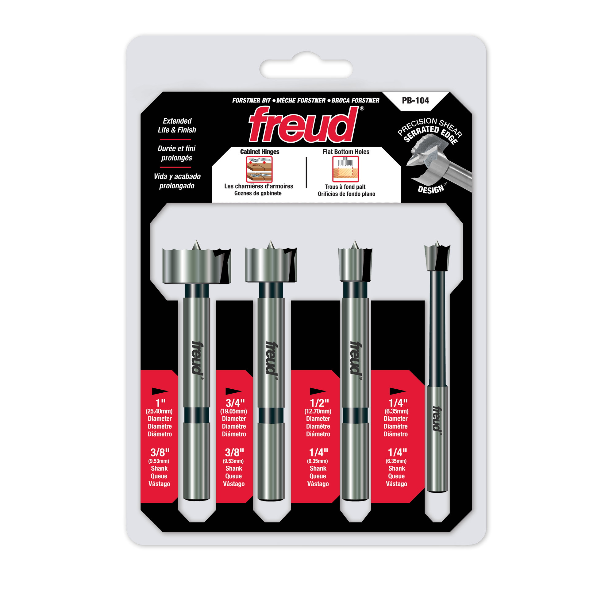 Four Freud Forstner bits with 3/8" shanks in 1", 3/4", 1/2", and 1/4" diameters on retail packaging.