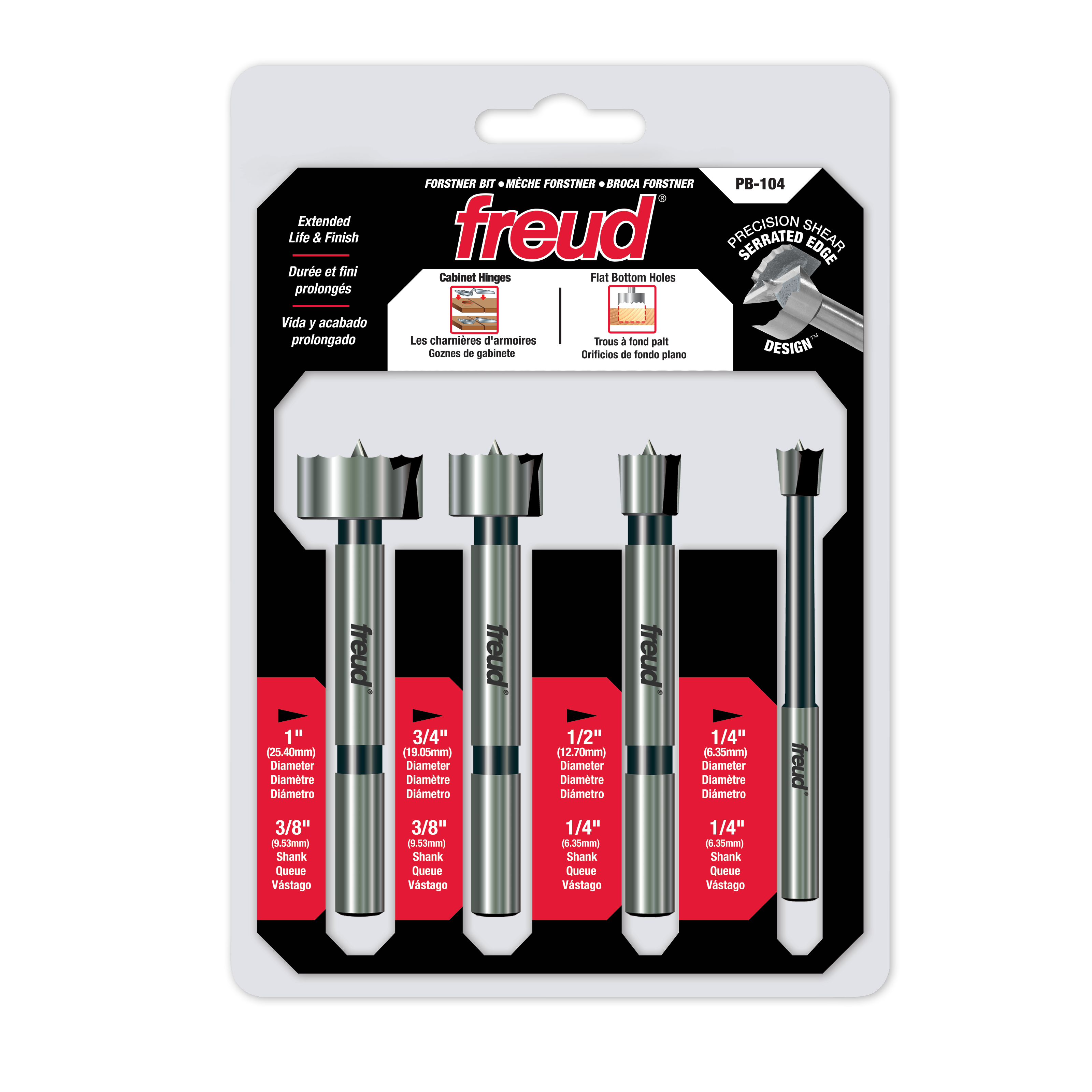 Four Freud Forstner bits with 3/8" shanks in 1", 3/4", 1/2", and 1/4" diameters on retail packaging.