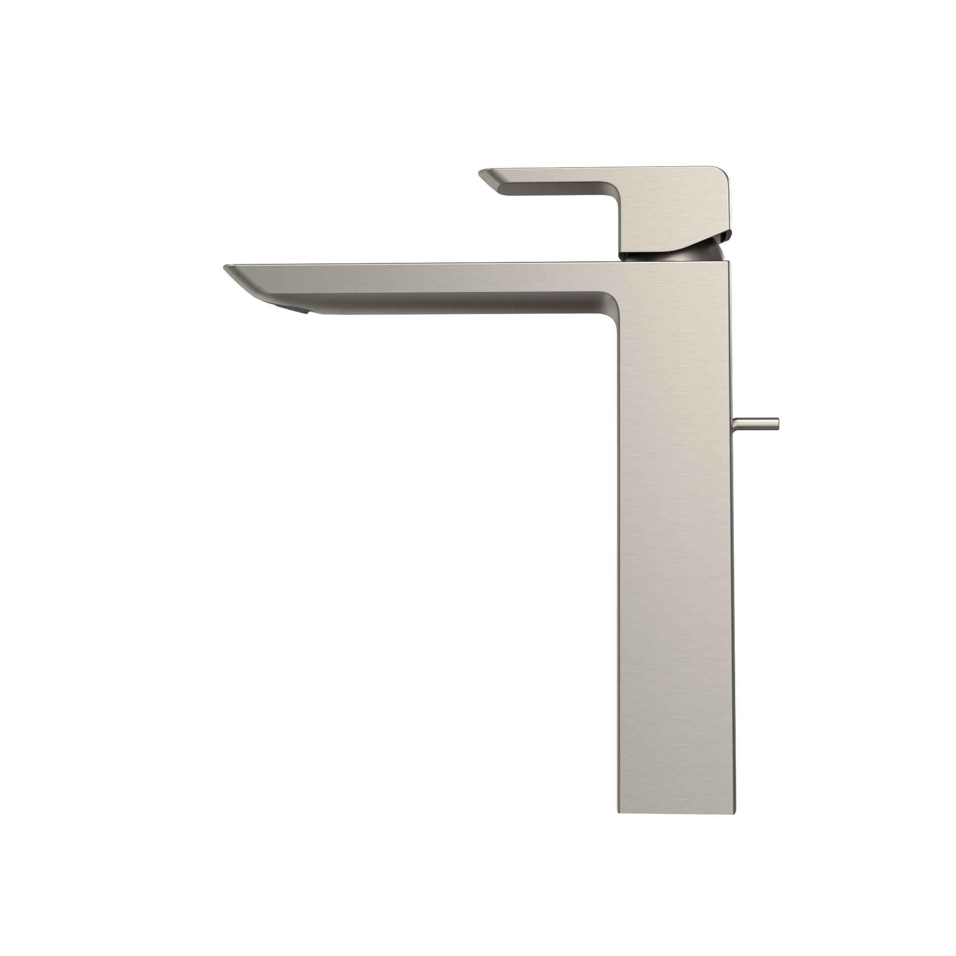 Brushed nickel single-handle vessel faucet with angular spout and tall rectangular body.