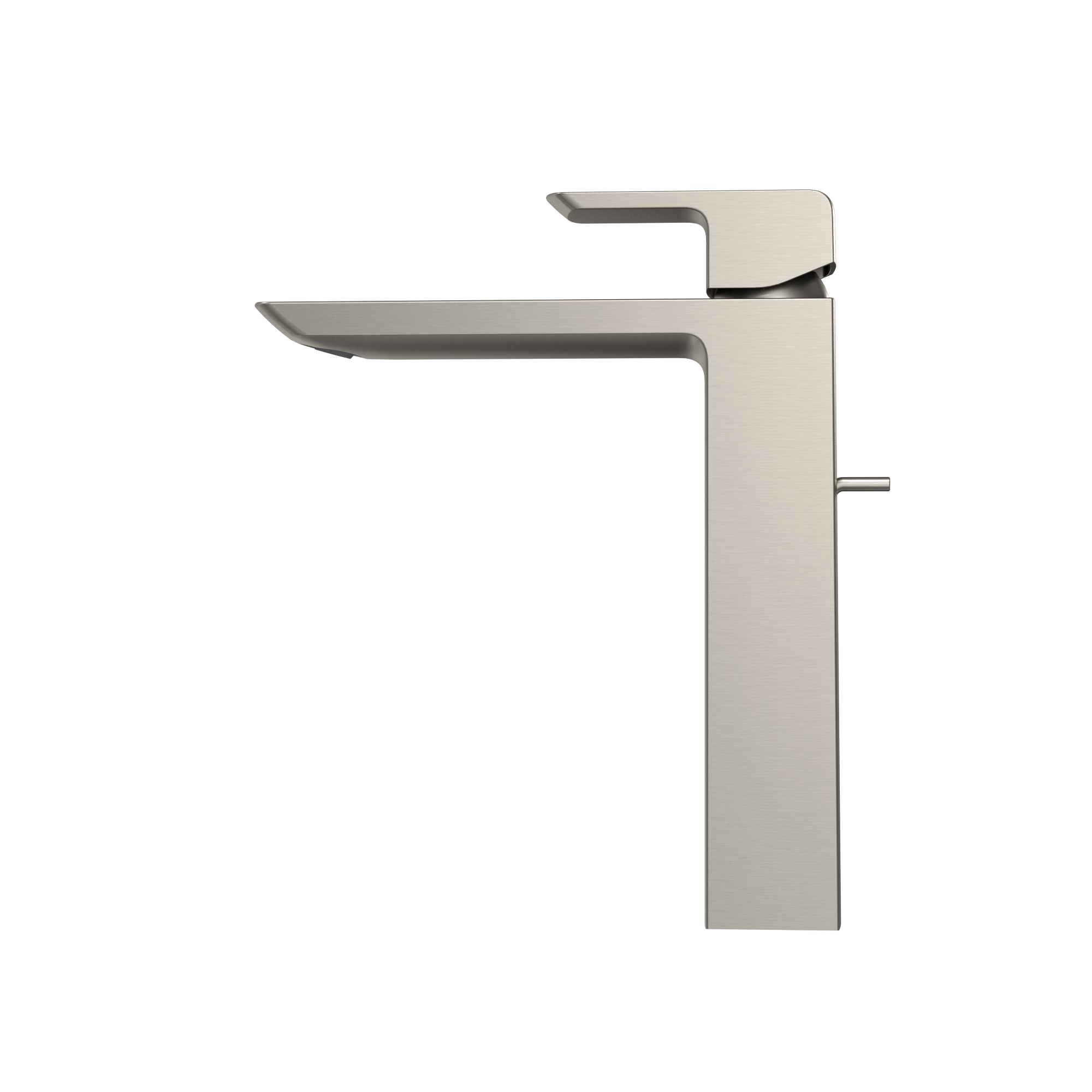 Brushed nickel single-handle vessel faucet with angular spout and tall rectangular body.