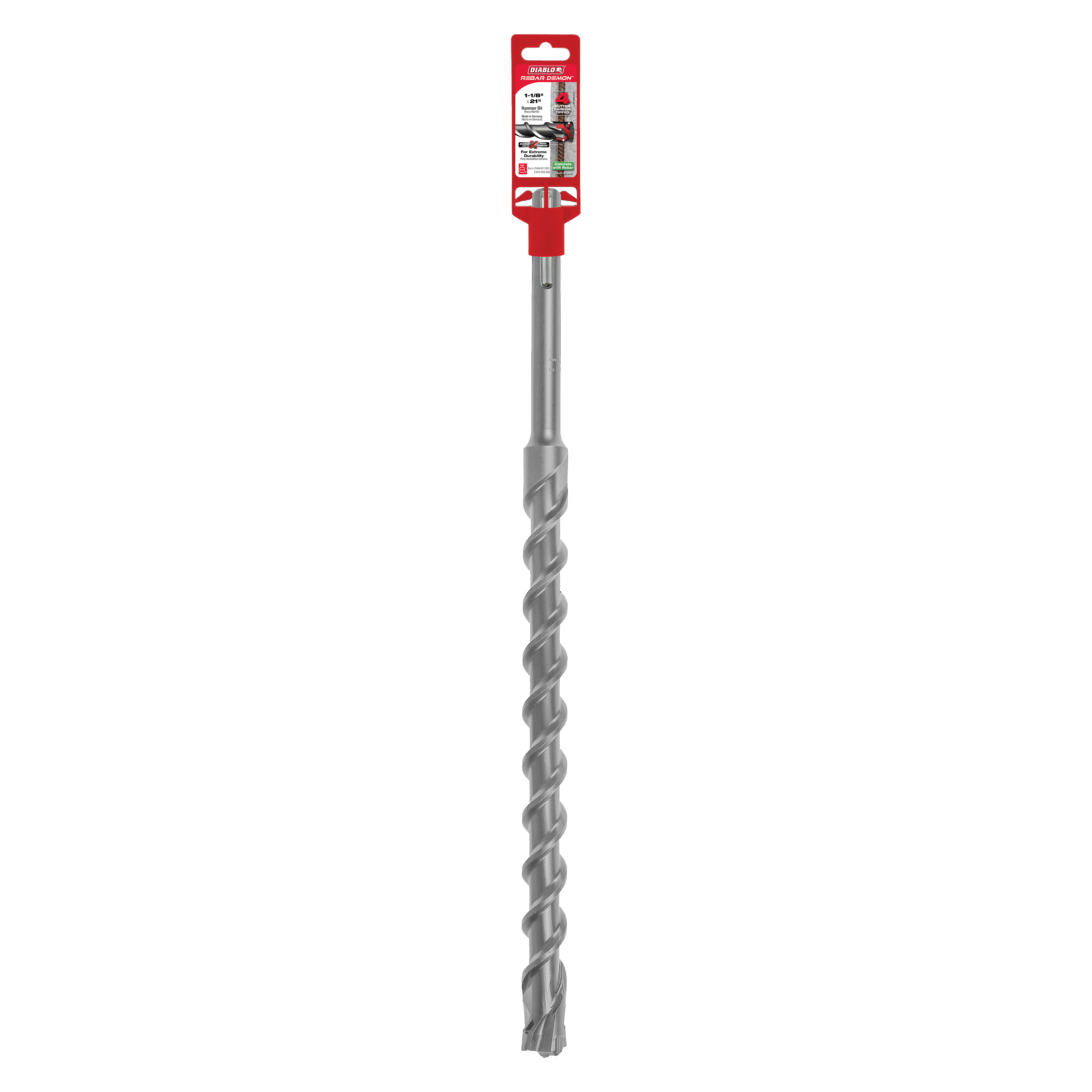 Diablo SDS-Max hammer drill bit with spiral flutes, carbide head, and red packaging label attached to top.