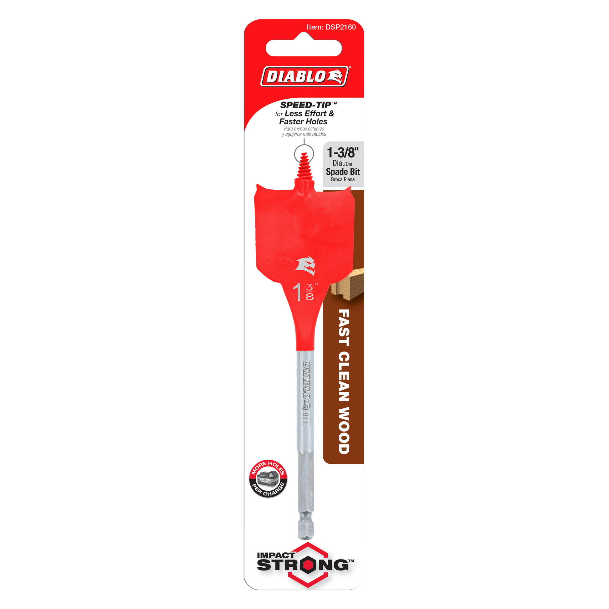 Diablo 1-3/8 inch red spade bit with gray shaft in retail packaging showing Speed-Tip design.