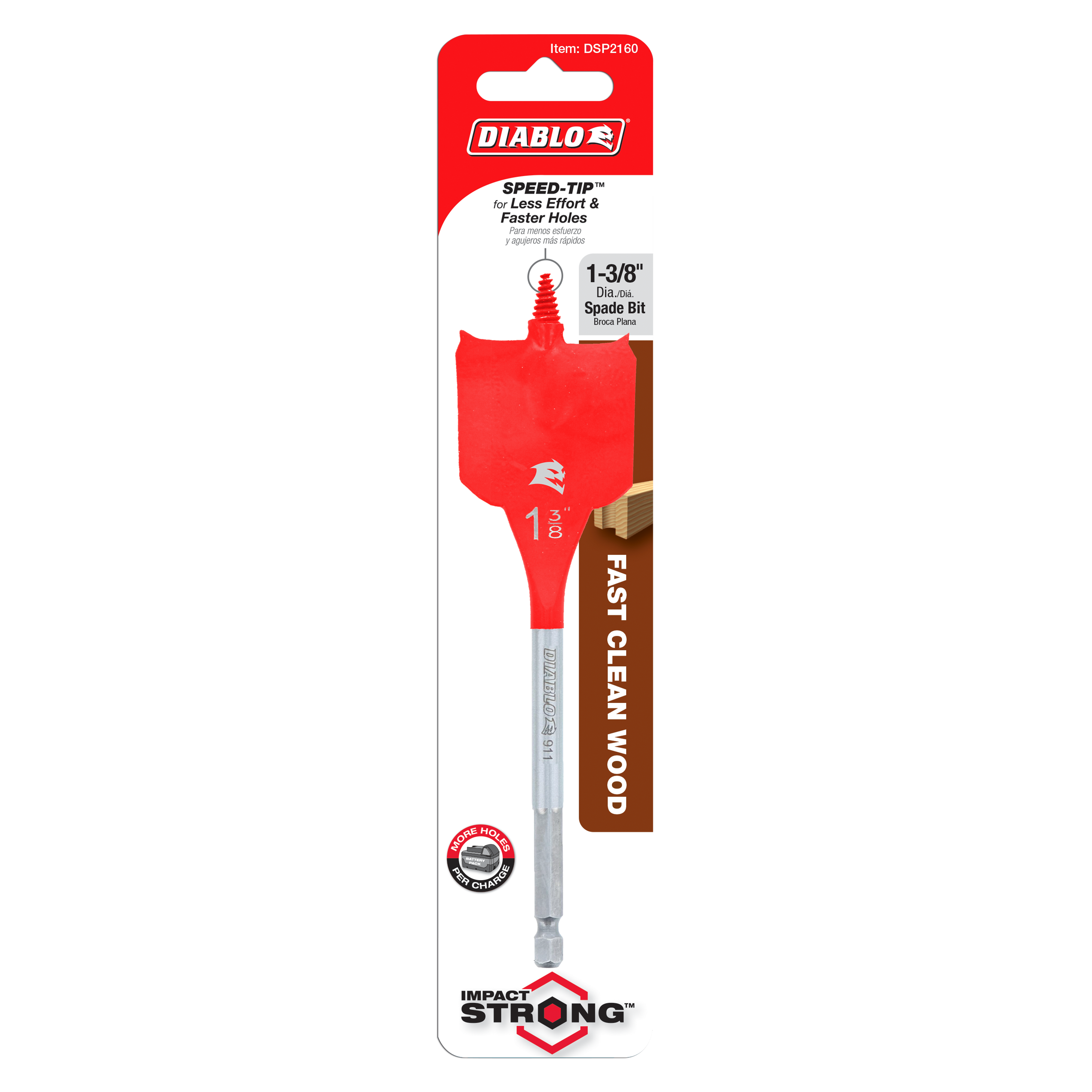 Diablo 1-3/8 inch red spade bit with gray shaft in retail packaging showing Speed-Tip design.