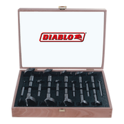 Wooden box containing 16 Diablo Forstner bits of varying sizes arranged in black foam insert.
