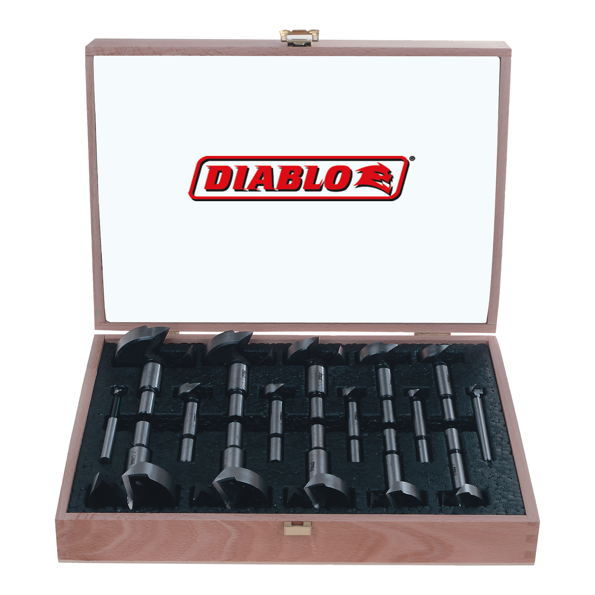 Wooden box containing 16 Diablo Forstner bits of varying sizes arranged in black foam insert.