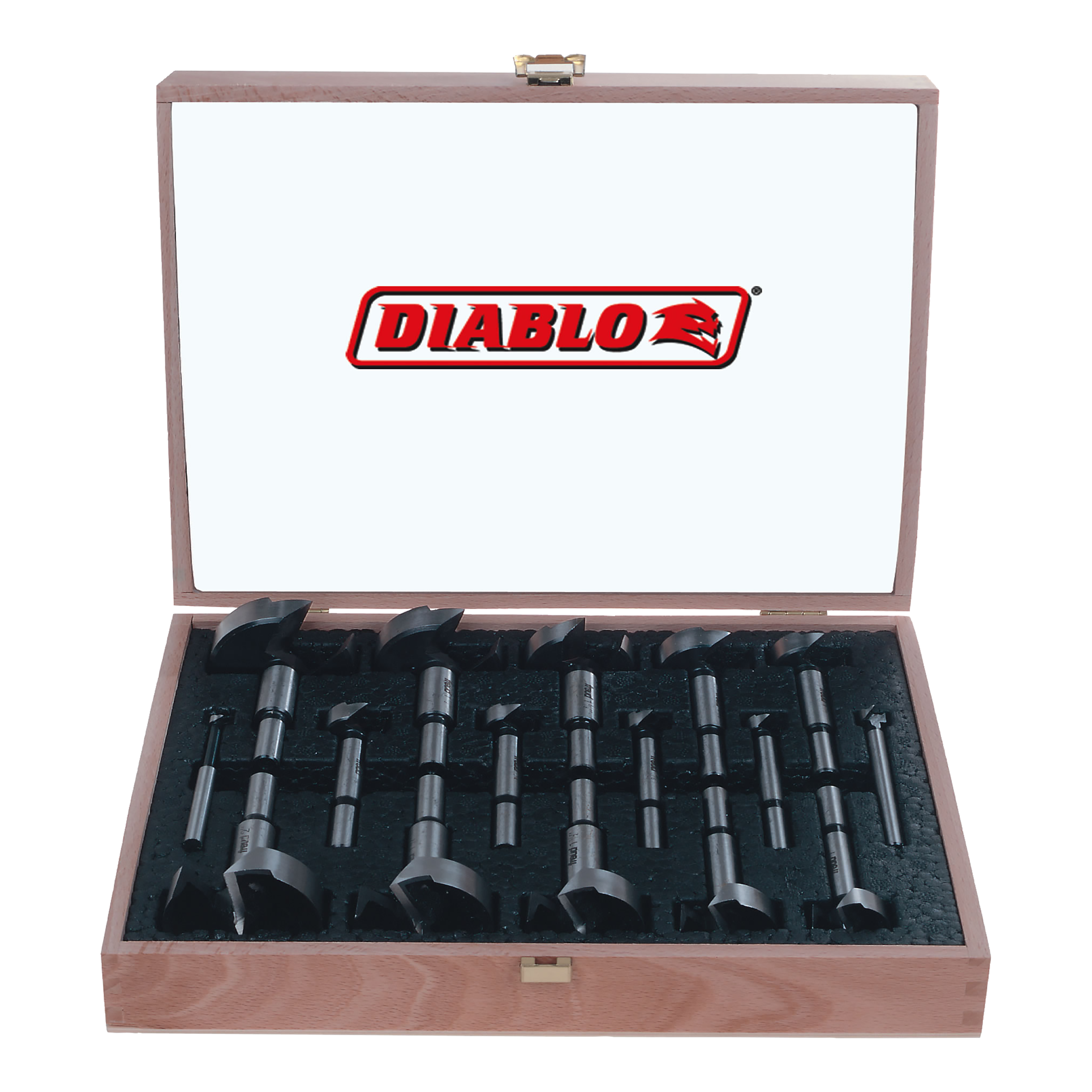 Wooden box containing 16 Diablo Forstner bits of varying sizes arranged in black foam insert.