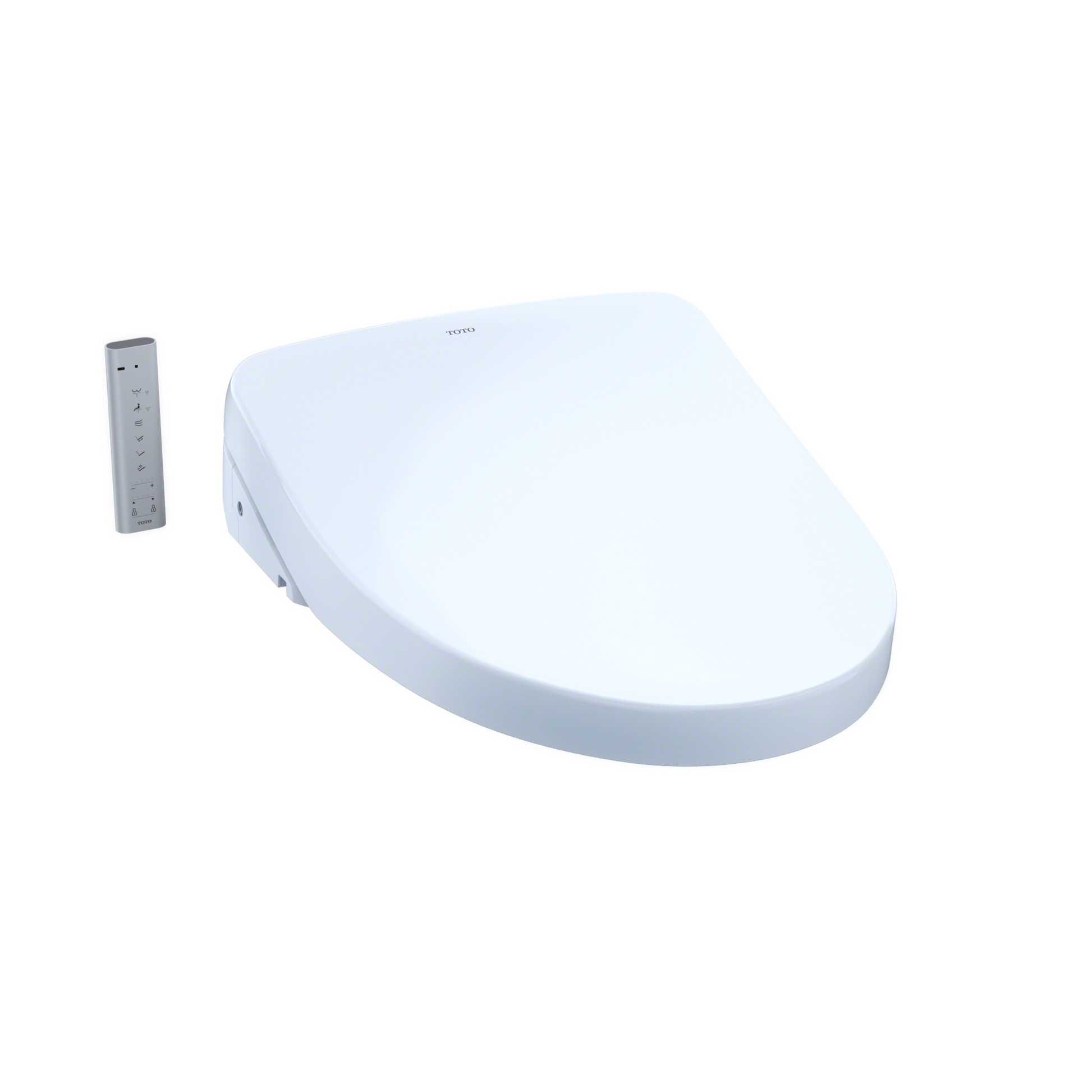 White elongated bidet toilet seat with gray remote control featuring button controls and mounting bracket.