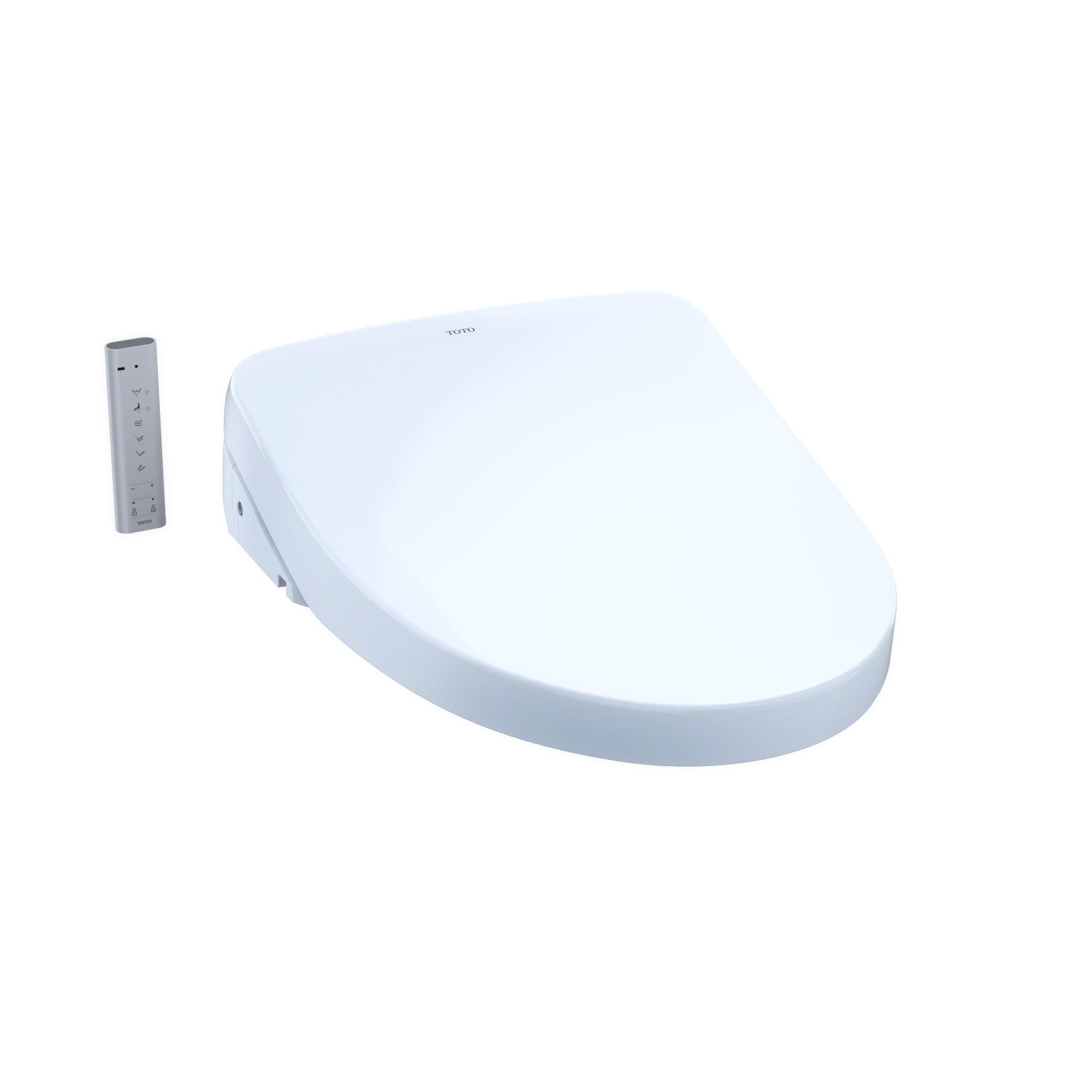 White elongated bidet toilet seat with gray remote control featuring button controls and mounting bracket.