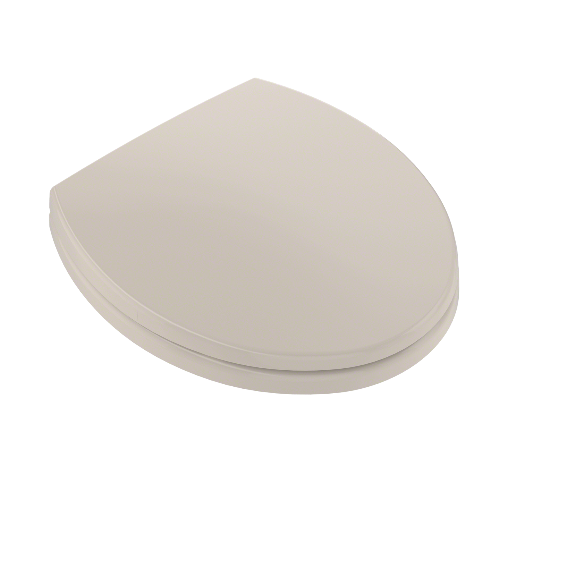 Bone-colored round toilet seat and lid with soft-close mechanism.